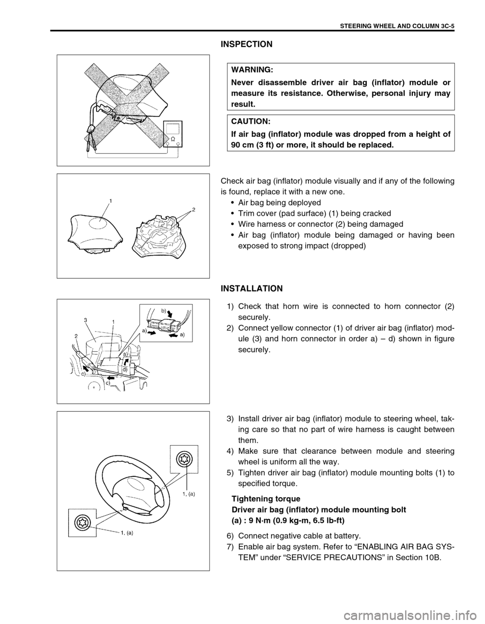 SUZUKI SWIFT 2000 1.G RG413 Service User Guide STEERING WHEEL AND COLUMN 3C-5
INSPECTION
Check air bag (inflator) module visually and if any of the following
is found, replace it with a new one.
Air bag being deployed
Trim cover (pad surface) (1