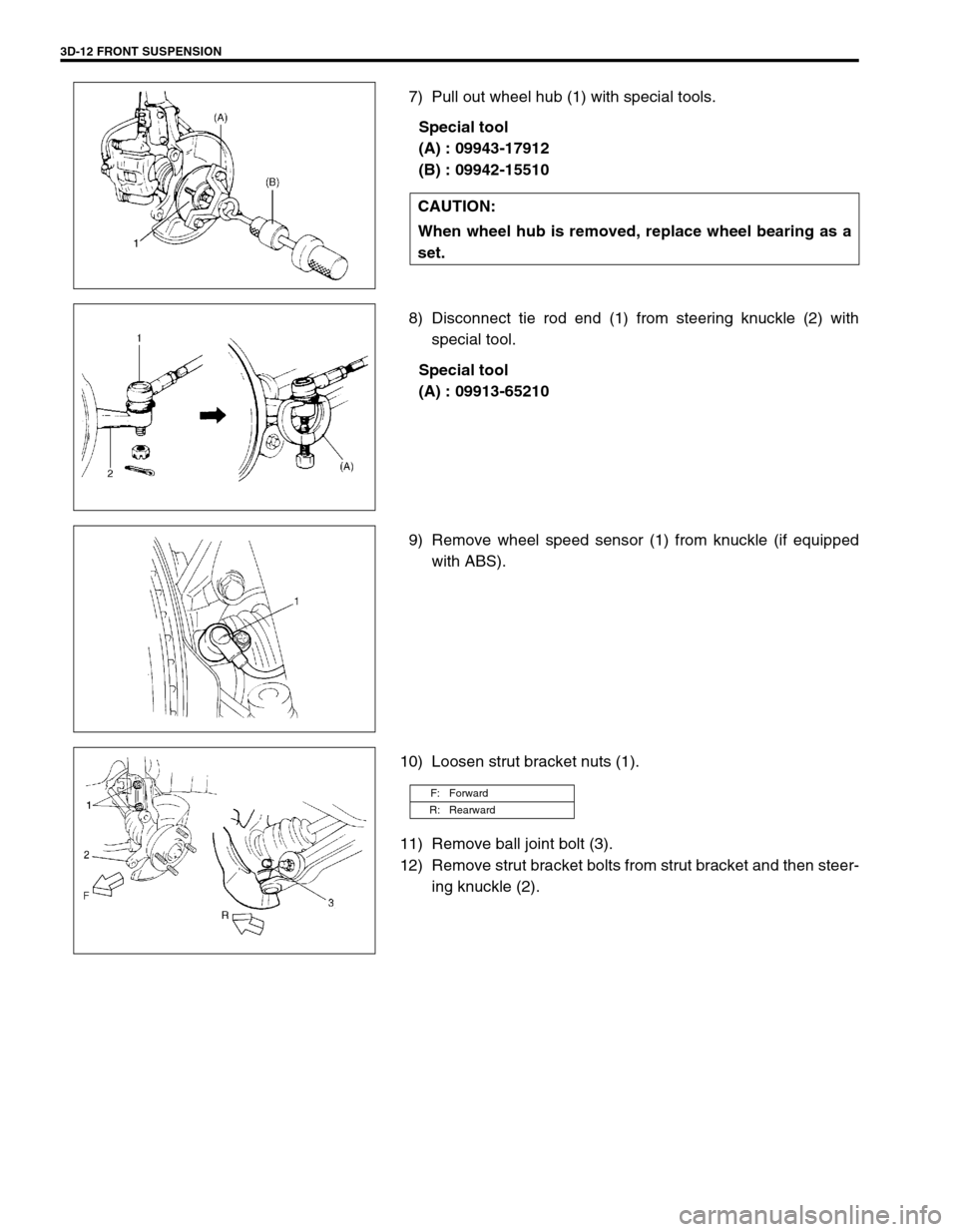 SUZUKI SWIFT 2000 1.G RG413 Service User Guide 3D-12 FRONT SUSPENSION
7) Pull out wheel hub (1) with special tools.
Special tool
(A) : 09943-17912
(B) : 09942-15510
8) Disconnect tie rod end (1) from steering knuckle (2) with
special tool.
Special SUZUKI SWIFT 2000 1.G RG413 Service User Guide 3D-12 FRONT SUSPENSION
7) Pull out wheel hub (1) with special tools.
Special tool
(A) : 09943-17912
(B) : 09942-15510
8) Disconnect tie rod end (1) from steering knuckle (2) with
special tool.
Special