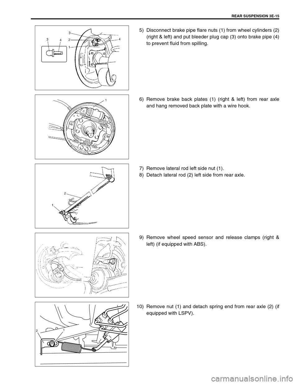 SUZUKI SWIFT 2000 1.G RG413 Service Workshop Manual REAR SUSPENSION 3E-15
5) Disconnect brake pipe flare nuts (1) from wheel cylinders (2)
(right & left) and put bleeder plug cap (3) onto brake pipe (4)
to prevent fluid from spilling.
6) Remove brake b