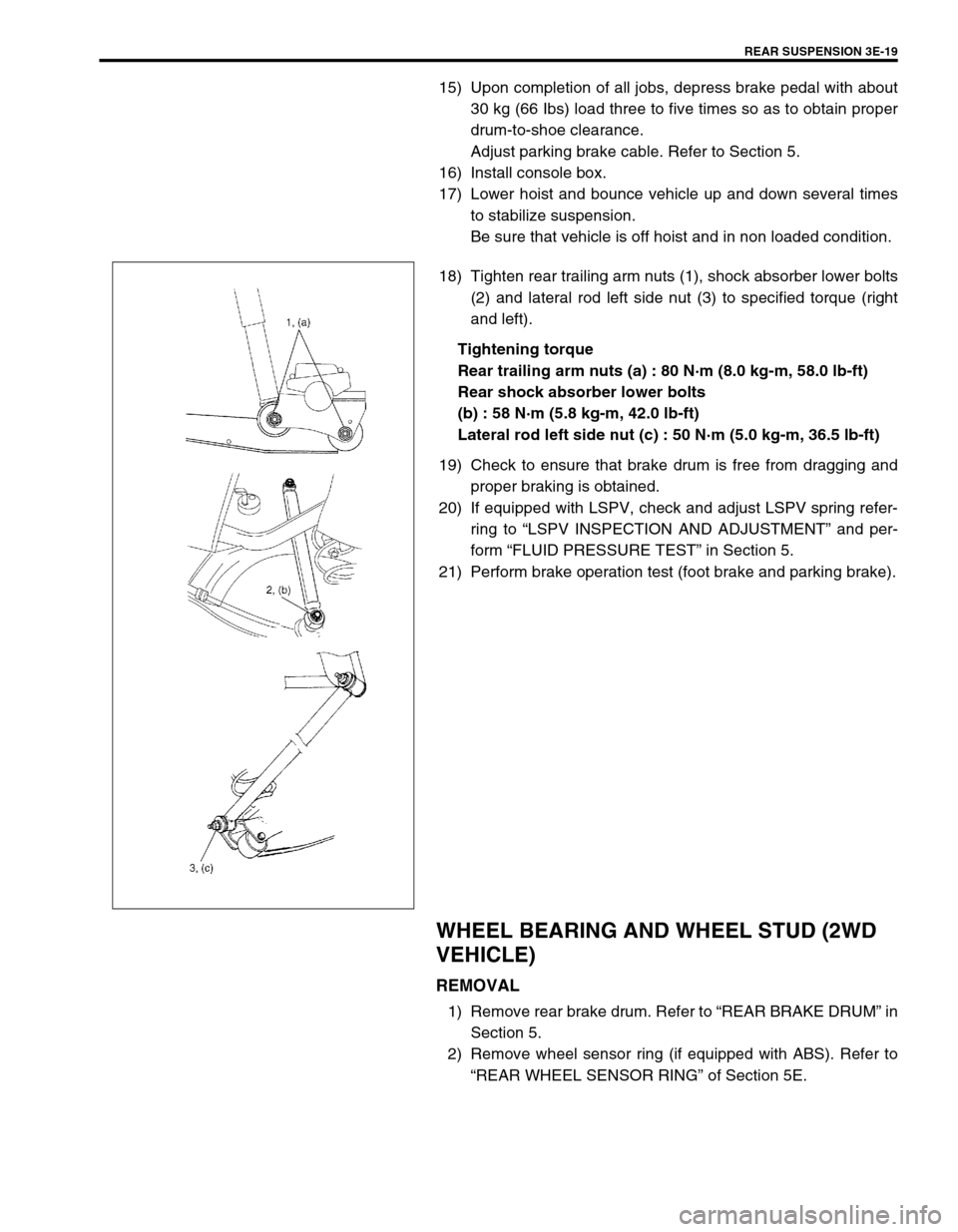 SUZUKI SWIFT 2000 1.G RG413 Service Workshop Manual REAR SUSPENSION 3E-19
15) Upon completion of all jobs, depress brake pedal with about
30 kg (66 Ibs) load three to five times so as to obtain proper
drum-to-shoe clearance.
Adjust parking brake cable.