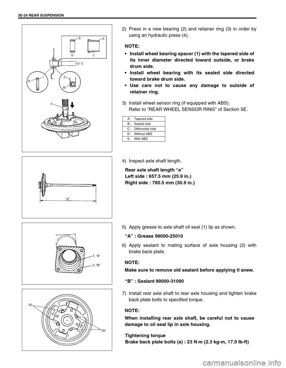 SUZUKI SWIFT 2000 1.G RG413 Service Workshop Manual 3E-24 REAR SUSPENSION
2) Press in a new bearing (2) and retainer ring (3) in order by
using an hydraulic press (4).
3) Install wheel sensor ring (if equipped with ABS).
Refer to “REAR WHEEL SENSOR R