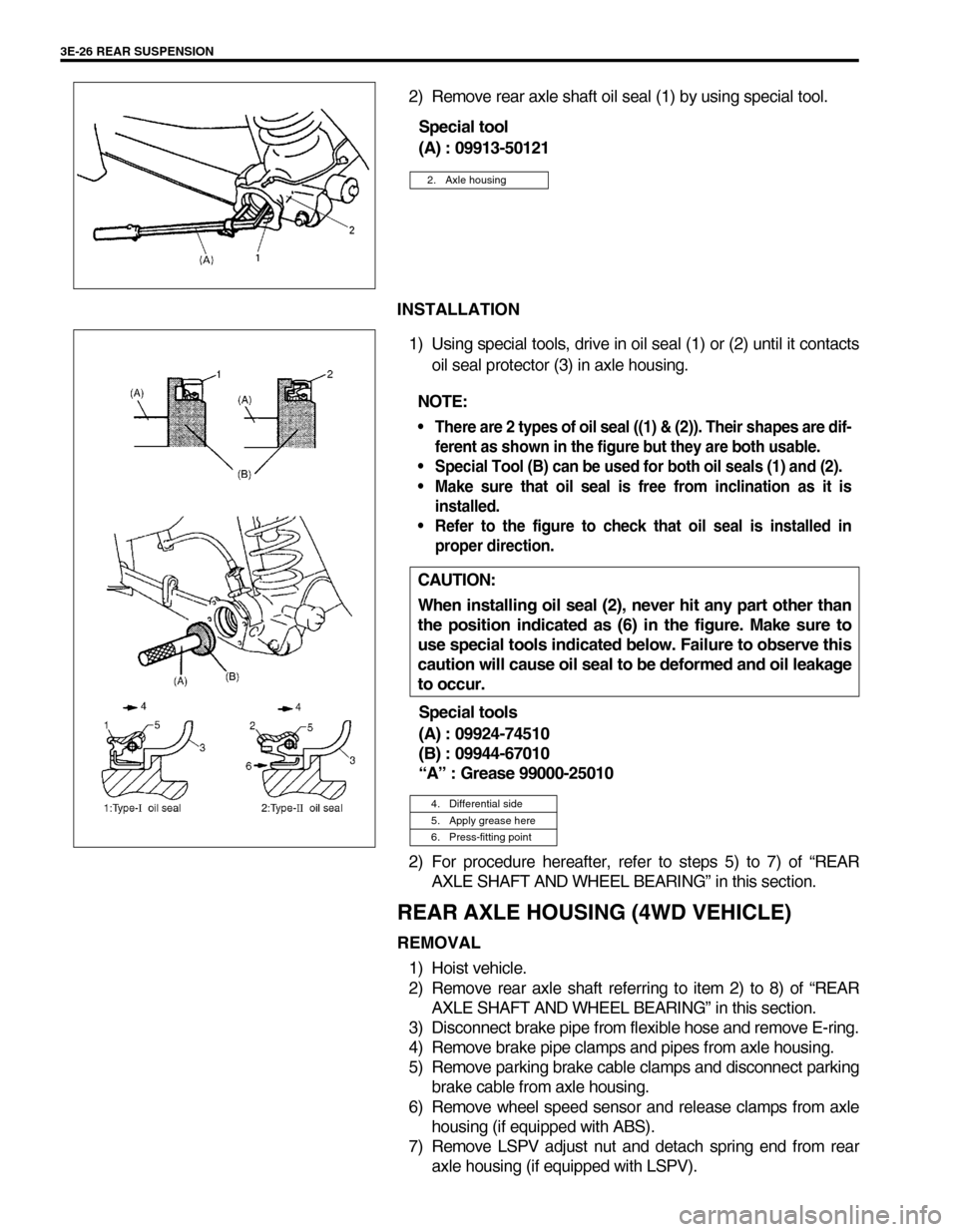 SUZUKI SWIFT 2000 1.G RG413 Service Owners Manual 3E-26 REAR SUSPENSION
2) Remove rear axle shaft oil seal (1) by using special tool.
Special tool
(A) : 09913-50121
INSTALLATION
1) Using special tools, drive in oil seal (1) or (2) until it contacts
o