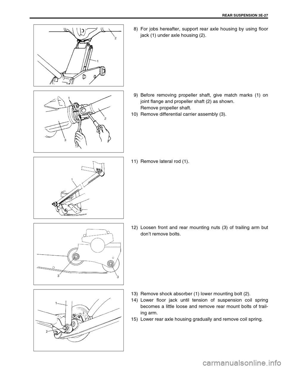 SUZUKI SWIFT 2000 1.G RG413 Service Owners Guide REAR SUSPENSION 3E-27
8) For jobs hereafter, support rear axle housing by using floor
jack (1) under axle housing (2).
9) Before removing propeller shaft, give match marks (1) on
joint flange and prop SUZUKI SWIFT 2000 1.G RG413 Service Owners Guide REAR SUSPENSION 3E-27
8) For jobs hereafter, support rear axle housing by using floor
jack (1) under axle housing (2).
9) Before removing propeller shaft, give match marks (1) on
joint flange and prop