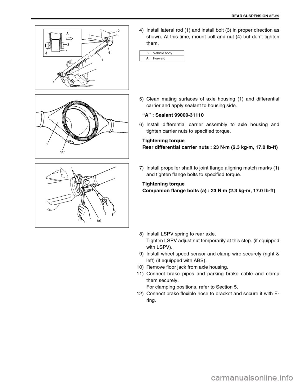 SUZUKI SWIFT 2000 1.G RG413 Service User Guide REAR SUSPENSION 3E-29
4) Install lateral rod (1) and install bolt (3) in proper direction as
shown. At this time, mount bolt and nut (4) but don’t tighten
them.
5) Clean mating surfaces of axle hous