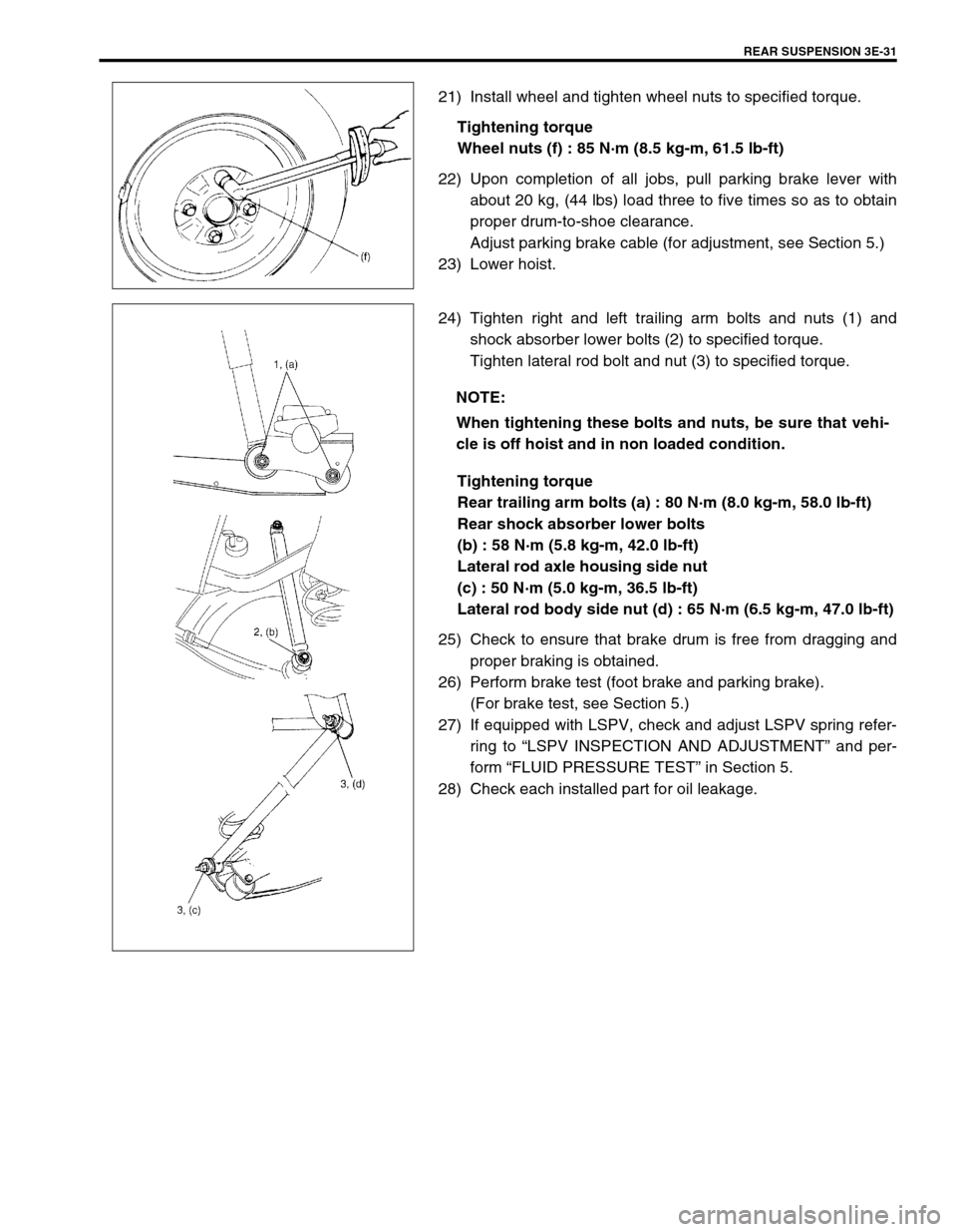SUZUKI SWIFT 2000 1.G RG413 Service Owners Guide REAR SUSPENSION 3E-31
21) Install wheel and tighten wheel nuts to specified torque.
Tightening torque
Wheel nuts (f) : 85 N·m (8.5 kg-m, 61.5 lb-ft)
22) Upon completion of all jobs, pull parking brak SUZUKI SWIFT 2000 1.G RG413 Service Owners Guide REAR SUSPENSION 3E-31
21) Install wheel and tighten wheel nuts to specified torque.
Tightening torque
Wheel nuts (f) : 85 N·m (8.5 kg-m, 61.5 lb-ft)
22) Upon completion of all jobs, pull parking brak