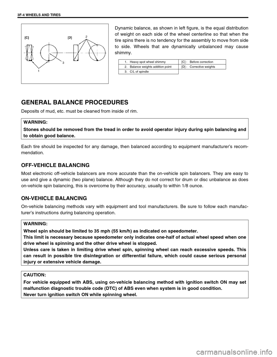 SUZUKI SWIFT 2000 1.G RG413 Service Workshop Manual 3F-4 WHEELS AND TIRES
Dynamic balance, as shown in left figure, is the equal distribution
of weight on each side of the wheel centerline so that when the
tire spins there is no tendency for the assemb SUZUKI SWIFT 2000 1.G RG413 Service Workshop Manual 3F-4 WHEELS AND TIRES
Dynamic balance, as shown in left figure, is the equal distribution
of weight on each side of the wheel centerline so that when the
tire spins there is no tendency for the assemb