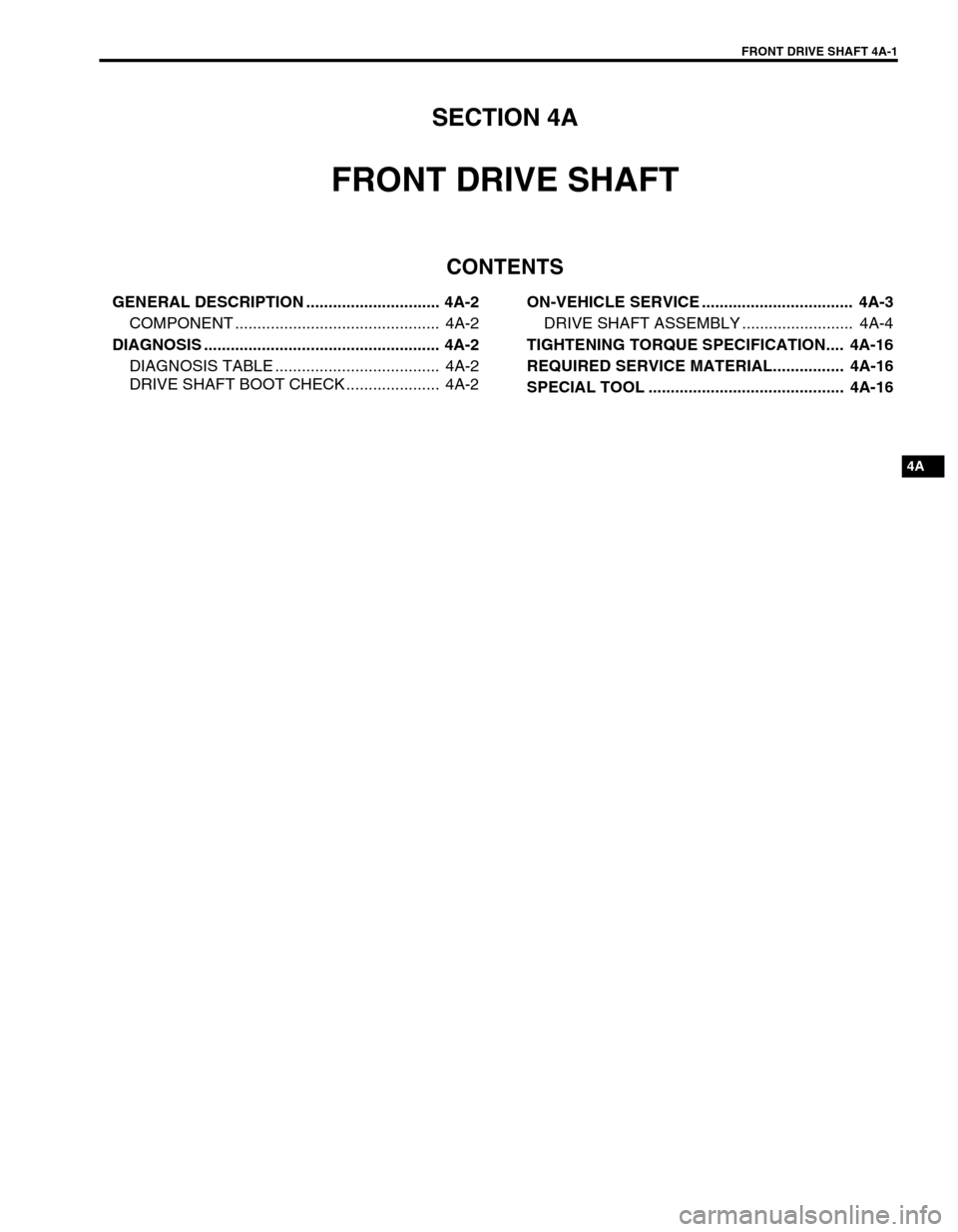 SUZUKI SWIFT 2000 1.G RG413 Service Manual PDF FRONT DRIVE SHAFT 4A-1
6F1
6F2
6G
6H
6K
7A
7A1
7B1
7C1
7D
7E
7F
4A
8C
8D
8E
9
10
10A
10B
SECTION 4A
FRONT DRIVE SHAFT
CONTENTS
GENERAL DESCRIPTION .............................. 4A-2
COMPONENT ....... SUZUKI SWIFT 2000 1.G RG413 Service Manual PDF FRONT DRIVE SHAFT 4A-1
6F1
6F2
6G
6H
6K
7A
7A1
7B1
7C1
7D
7E
7F
4A
8C
8D
8E
9
10
10A
10B
SECTION 4A
FRONT DRIVE SHAFT
CONTENTS
GENERAL DESCRIPTION .............................. 4A-2
COMPONENT .......