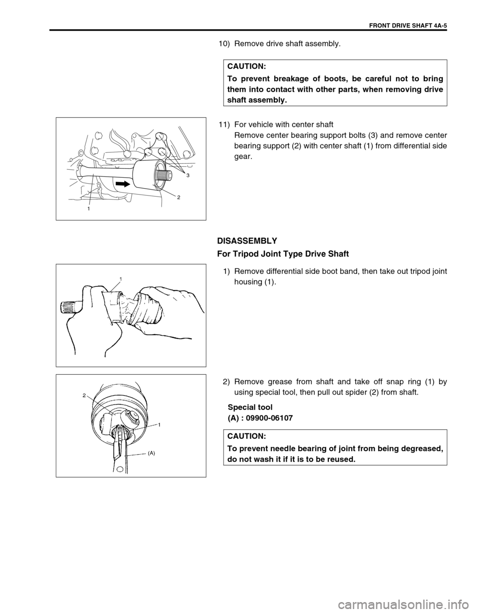 SUZUKI SWIFT 2000 1.G RG413 Service Workshop Manual FRONT DRIVE SHAFT 4A-5
10) Remove drive shaft assembly.
11) For vehicle with center shaft
Remove center bearing support bolts (3) and remove center
bearing support (2) with center shaft (1) from diffe SUZUKI SWIFT 2000 1.G RG413 Service Workshop Manual FRONT DRIVE SHAFT 4A-5
10) Remove drive shaft assembly.
11) For vehicle with center shaft
Remove center bearing support bolts (3) and remove center
bearing support (2) with center shaft (1) from diffe