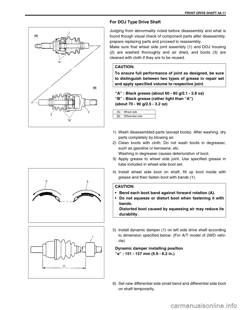 SUZUKI SWIFT 2000 1.G RG413 Service Workshop Manual FRONT DRIVE SHAFT 4A-11
For DOJ Type Drive Shaft
Judging from abnormality noted before disassembly and what is
found though visual check of component parts after disassembly,
prepare replacing parts a SUZUKI SWIFT 2000 1.G RG413 Service Workshop Manual FRONT DRIVE SHAFT 4A-11
For DOJ Type Drive Shaft
Judging from abnormality noted before disassembly and what is
found though visual check of component parts after disassembly,
prepare replacing parts a