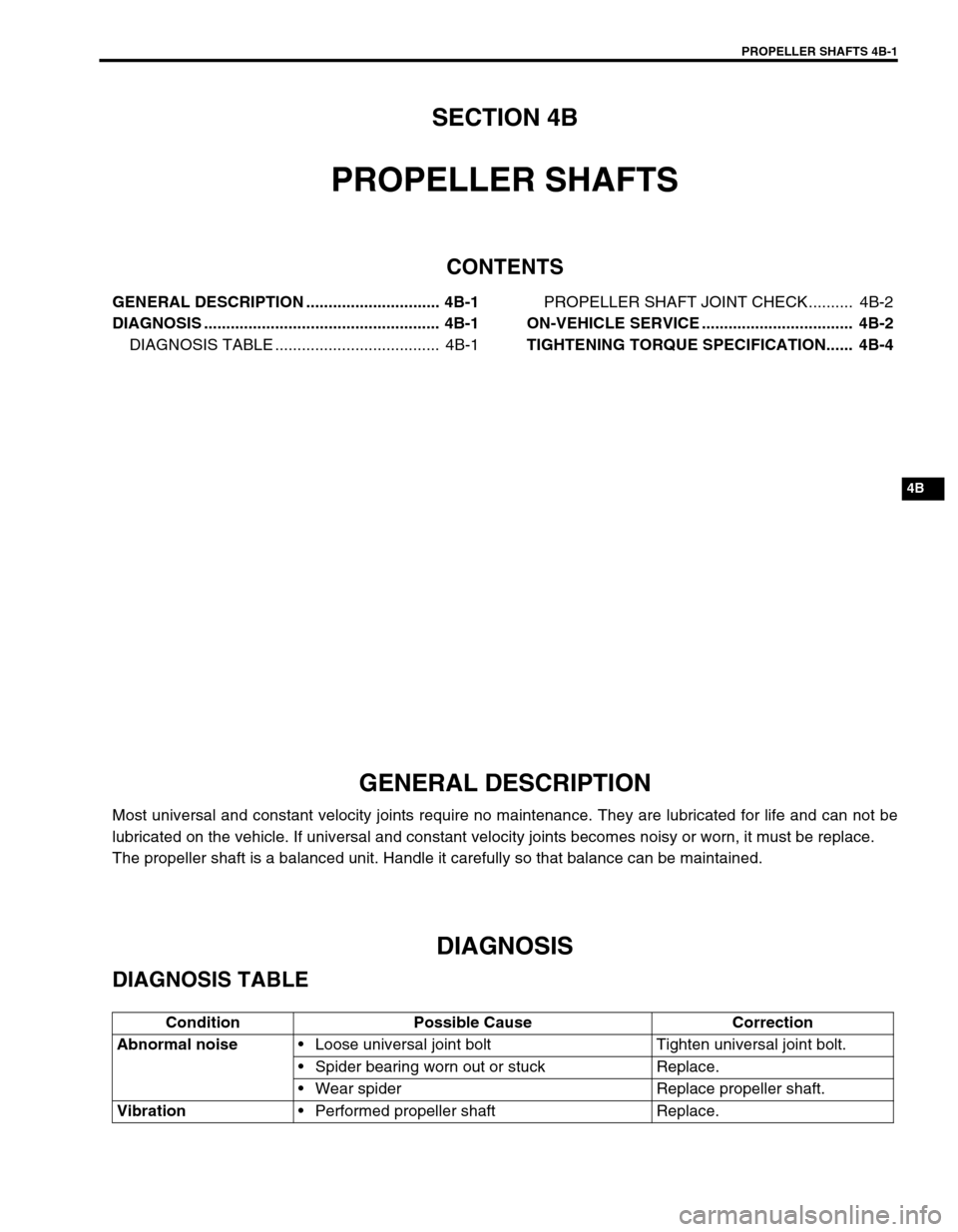 SUZUKI SWIFT 2000 1.G RG413 Service Owners Manual PROPELLER SHAFTS 4B-1
6F1
6F2
6G
6H
6K
7A
7A1
7B1
7C1
7D
7E
7F
4B
8D
8E
9
10
10A
10B
SECTION 4B
PROPELLER SHAFTS
CONTENTS
GENERAL DESCRIPTION .............................. 4B-1
DIAGNOSIS ............ SUZUKI SWIFT 2000 1.G RG413 Service Owners Manual PROPELLER SHAFTS 4B-1
6F1
6F2
6G
6H
6K
7A
7A1
7B1
7C1
7D
7E
7F
4B
8D
8E
9
10
10A
10B
SECTION 4B
PROPELLER SHAFTS
CONTENTS
GENERAL DESCRIPTION .............................. 4B-1
DIAGNOSIS ............