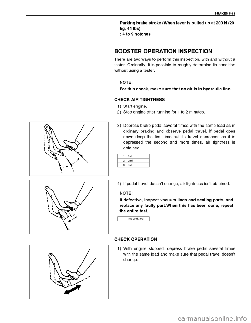 SUZUKI SWIFT 2000 1.G RG413 Service Workshop Manual BRAKES 5-11
Parking brake stroke (When lever is pulled up at 200 N (20
kg, 44 lbs)
: 4 to 9 notches
BOOSTER OPERATION INSPECTION
There are two ways to perform this inspection, with and without a
test SUZUKI SWIFT 2000 1.G RG413 Service Workshop Manual BRAKES 5-11
Parking brake stroke (When lever is pulled up at 200 N (20
kg, 44 lbs)
: 4 to 9 notches
BOOSTER OPERATION INSPECTION
There are two ways to perform this inspection, with and without a
test