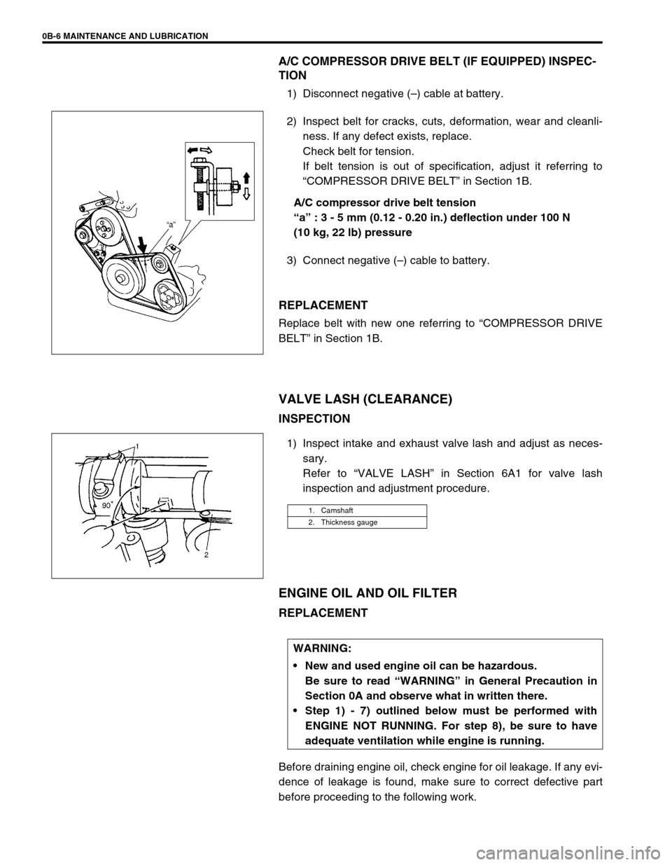 SUZUKI SWIFT 2000 1.G RG413 Service Workshop Manual 0B-6 MAINTENANCE AND LUBRICATION
A/C COMPRESSOR DRIVE BELT (IF EQUIPPED) INSPEC-
TION
1) Disconnect negative (–) cable at battery.
2) Inspect belt for cracks, cuts, deformation, wear and cleanli-
ne