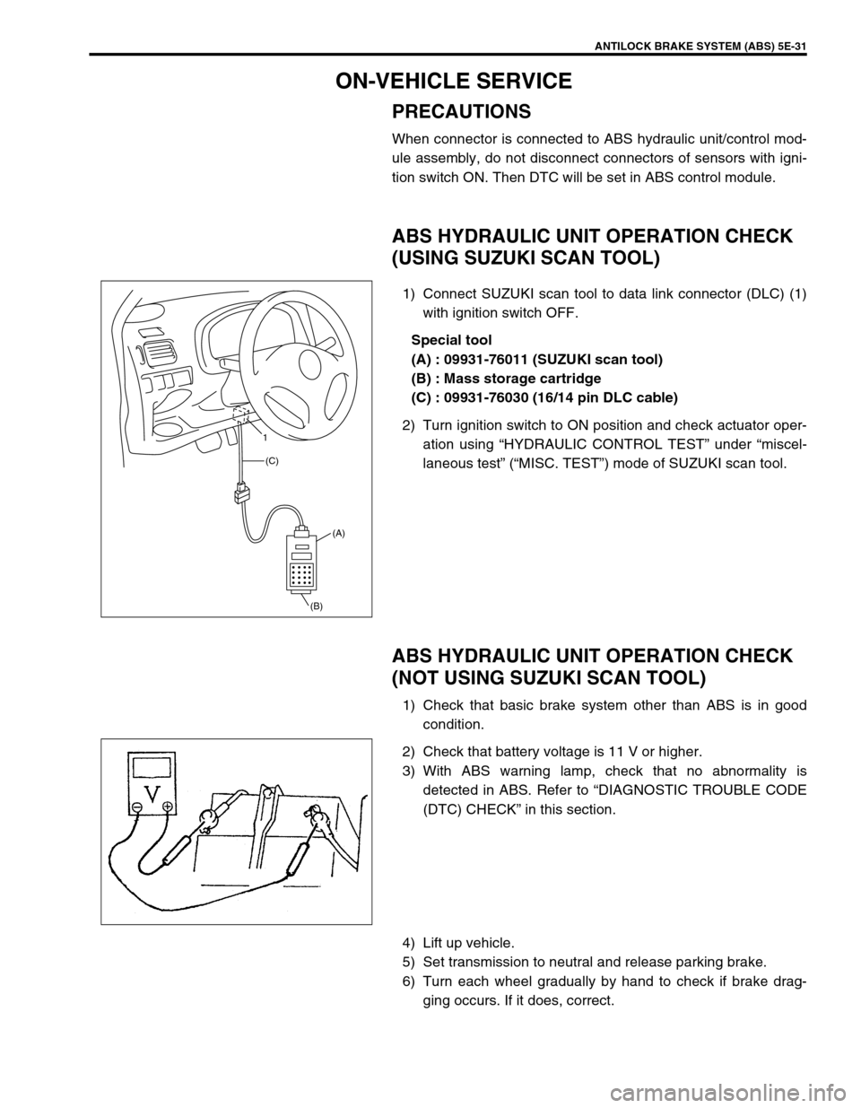 SUZUKI SWIFT 2000 1.G RG413 Service Workshop Manual ANTILOCK BRAKE SYSTEM (ABS) 5E-31
ON-VEHICLE SERVICE
PRECAUTIONS
When connector is connected to ABS hydraulic unit/control mod-
ule assembly, do not disconnect connectors of sensors with igni-
tion sw