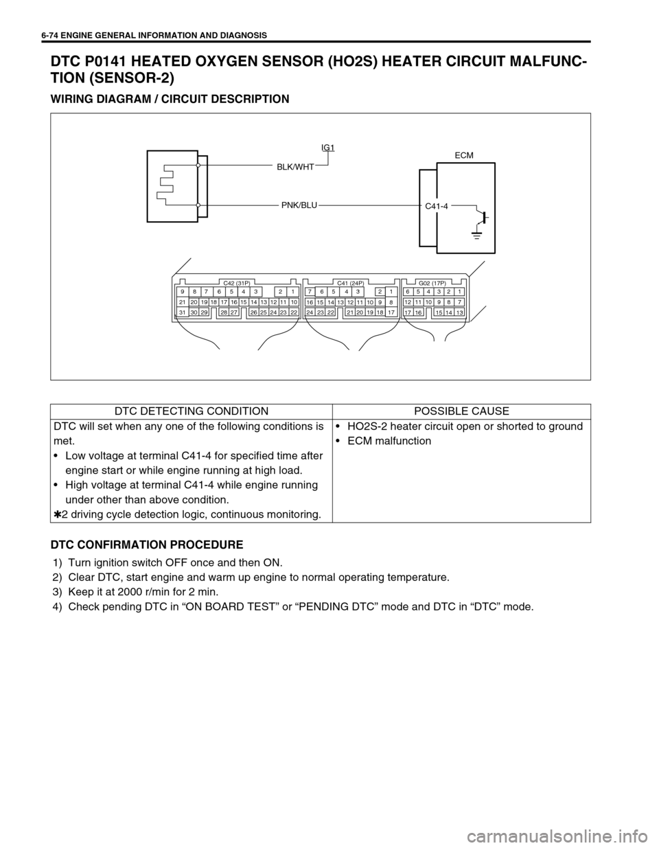 SUZUKI SWIFT 2000 1.G RG413 Service Workshop Manual 6-74 ENGINE GENERAL INFORMATION AND DIAGNOSIS
DTC P0141 HEATED OXYGEN SENSOR (HO2S) HEATER CIRCUIT MALFUNC-
TION (SENSOR-2)
WIRING DIAGRAM / CIRCUIT DESCRIPTION
DTC CONFIRMATION PROCEDURE
1) Turn igni