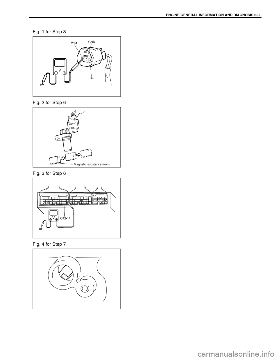 SUZUKI SWIFT 2000 1.G RG413 Service Workshop Manual ENGINE GENERAL INFORMATION AND DIAGNOSIS 6-93
Fig. 1 for Step 3
Fig. 2 for Step 6
Fig. 3 for Step 6
Fig. 4 for Step 7 