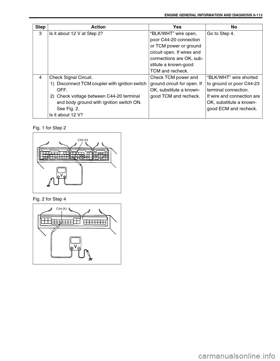 SUZUKI SWIFT 2000 1.G RG413 Service Workshop Manual ENGINE GENERAL INFORMATION AND DIAGNOSIS 6-113
Fig. 1 for Step 2
Fig. 2 for Step 43 Is it about 12 V at Step 2?“BLK/WHT” wire open, 
poor C44-20 connection 
or TCM power or ground 
circuit open. I