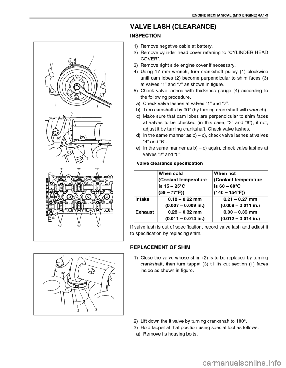 SUZUKI SWIFT 2000 1.G RG413 Service Workshop Manual ENGINE MECHANICAL (M13 ENGINE) 6A1-9
VALVE LASH (CLEARANCE)
INSPECTION
1) Remove negative cable at battery.
2) Remove cylinder head cover referring to “CYLINDER HEAD
COVER”.
3) Remove right side e