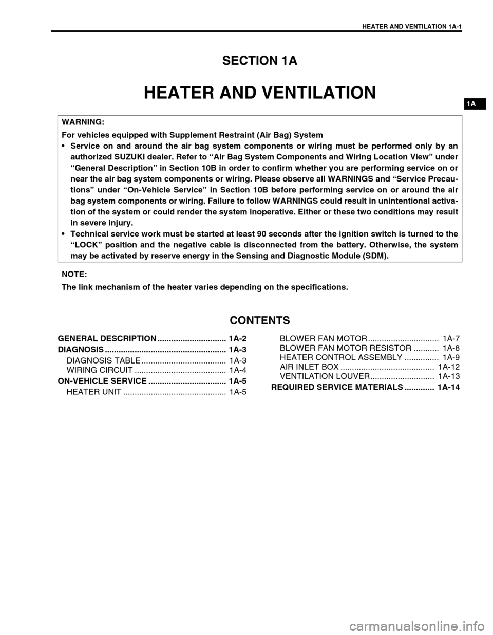 SUZUKI SWIFT 2000 1.G RG413 Service Workshop Manual HEATER AND VENTILATION 1A-1
6F1
6F2
6G
1A
6K
7A
7A1
7B1
7C1
7D
7E
7F
8A
8B
8C
8D
8E
9
10
10A
10B
SECTION 1A
HEATER AND VENTILATION
CONTENTS
GENERAL DESCRIPTION .............................. 1A-2
DIAG