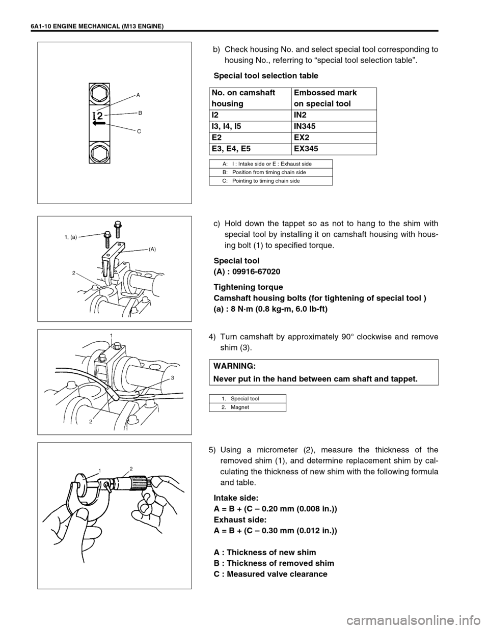 SUZUKI SWIFT 2000 1.G RG413 Service Workshop Manual 6A1-10 ENGINE MECHANICAL (M13 ENGINE)
b) Check housing No. and select special tool corresponding to
housing No., referring to “special tool selection table”.
Special tool selection table
c) Hold d