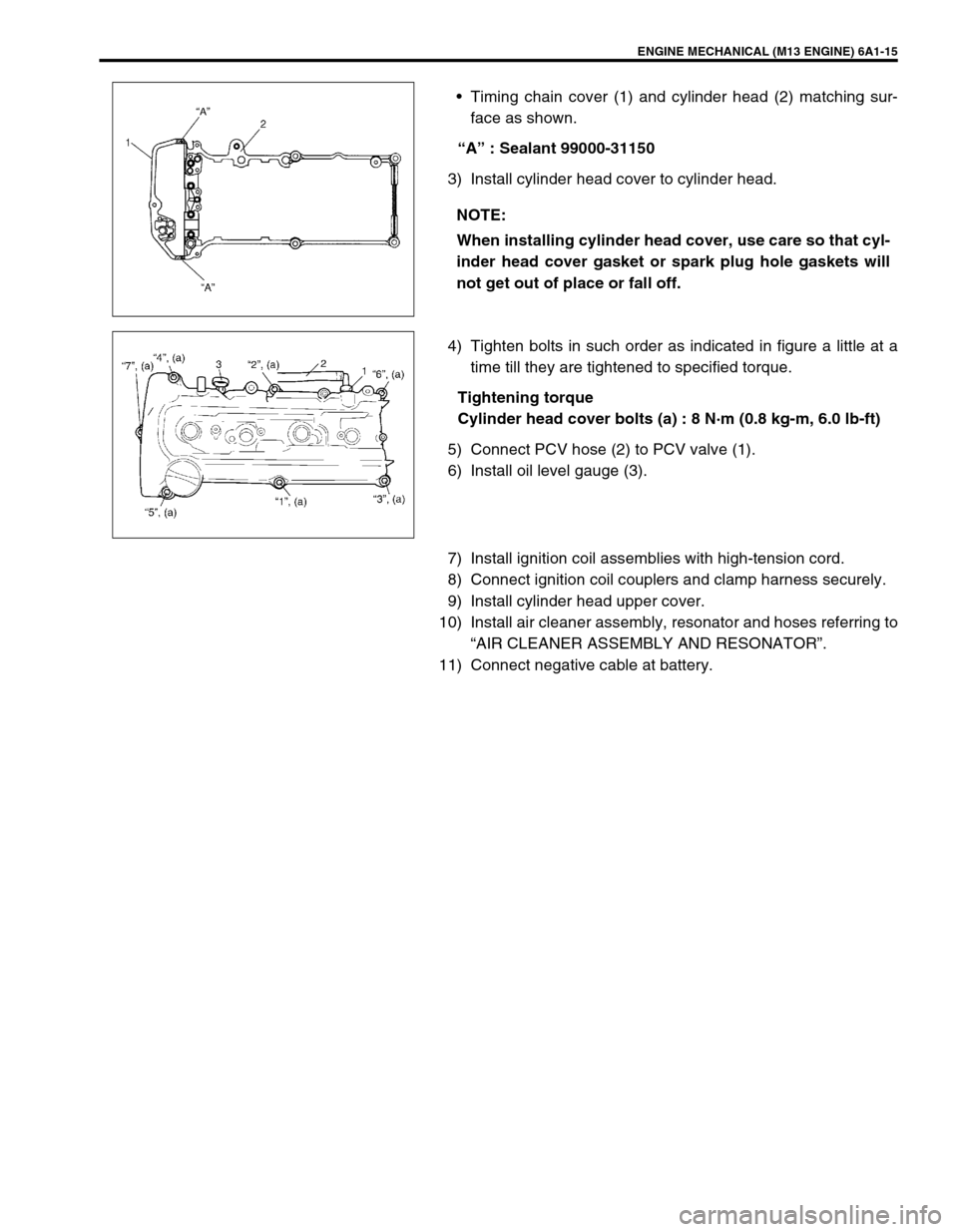 SUZUKI SWIFT 2000 1.G RG413 Service Repair Manual ENGINE MECHANICAL (M13 ENGINE) 6A1-15
Timing chain cover (1) and cylinder head (2) matching sur-
face as shown.
“A” : Sealant 99000-31150
3) Install cylinder head cover to cylinder head.
4) Tight SUZUKI SWIFT 2000 1.G RG413 Service Repair Manual ENGINE MECHANICAL (M13 ENGINE) 6A1-15
Timing chain cover (1) and cylinder head (2) matching sur-
face as shown.
“A” : Sealant 99000-31150
3) Install cylinder head cover to cylinder head.
4) Tight