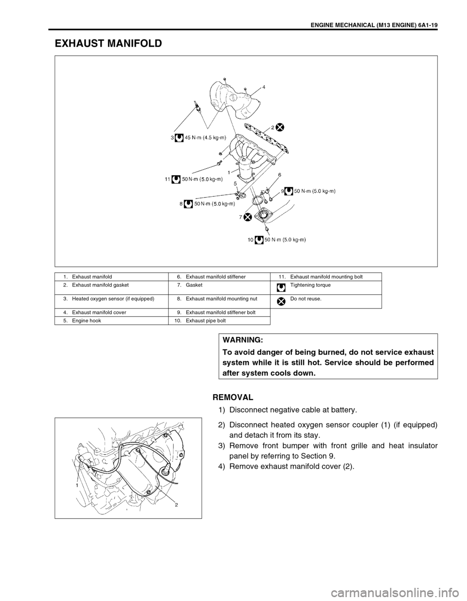 SUZUKI SWIFT 2000 1.G RG413 Service Repair Manual ENGINE MECHANICAL (M13 ENGINE) 6A1-19
EXHAUST MANIFOLD
REMOVAL
1) Disconnect negative cable at battery.
2) Disconnect heated oxygen sensor coupler (1) (if equipped)
and detach it from its stay.
3) Rem SUZUKI SWIFT 2000 1.G RG413 Service Repair Manual ENGINE MECHANICAL (M13 ENGINE) 6A1-19
EXHAUST MANIFOLD
REMOVAL
1) Disconnect negative cable at battery.
2) Disconnect heated oxygen sensor coupler (1) (if equipped)
and detach it from its stay.
3) Rem