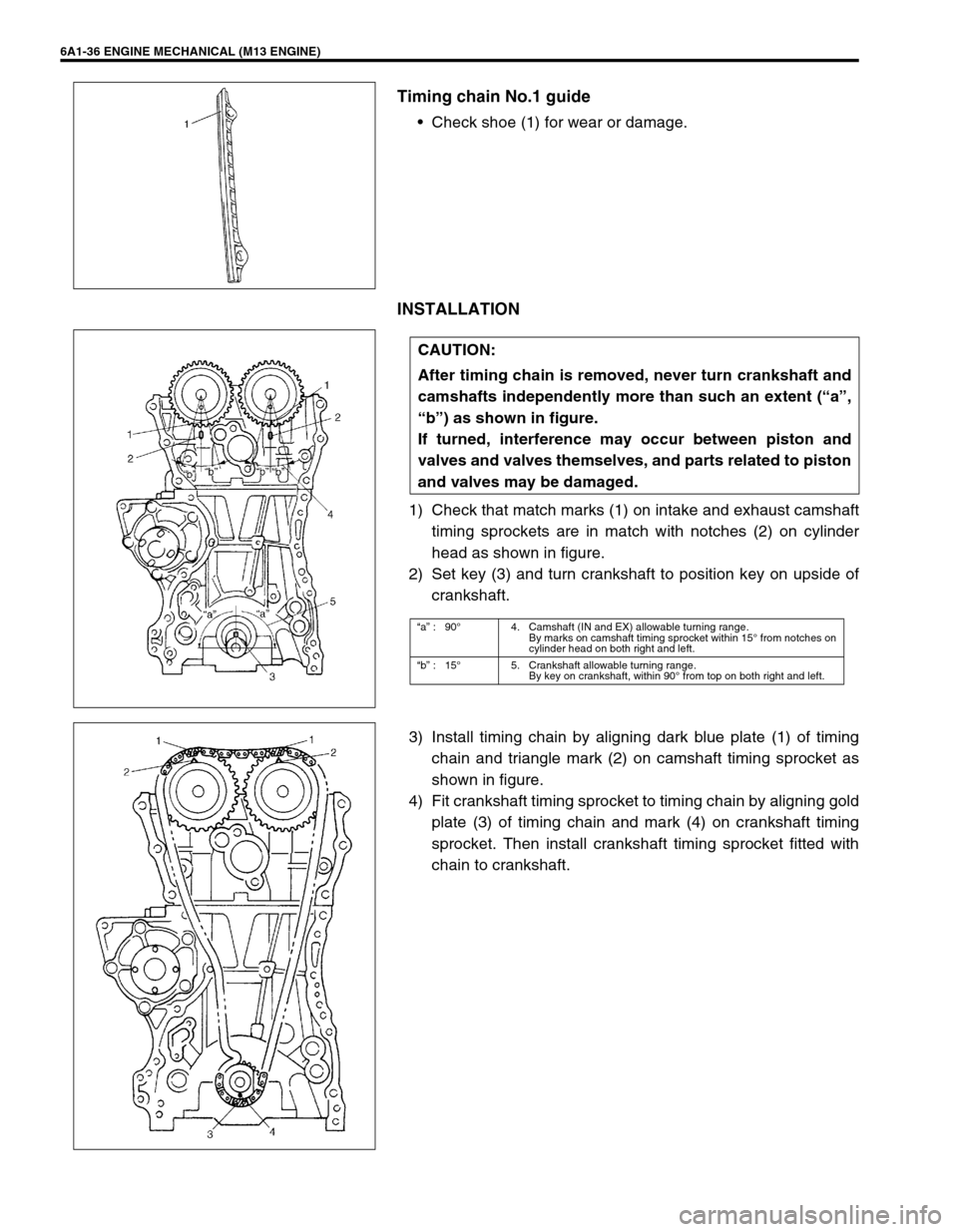 SUZUKI SWIFT 2000 1.G RG413 Service Workshop Manual 6A1-36 ENGINE MECHANICAL (M13 ENGINE)
Timing chain No.1 guide
Check shoe (1) for wear or damage.
INSTALLATION
1) Check that match marks (1) on intake and exhaust camshaft
timing sprockets are in matc