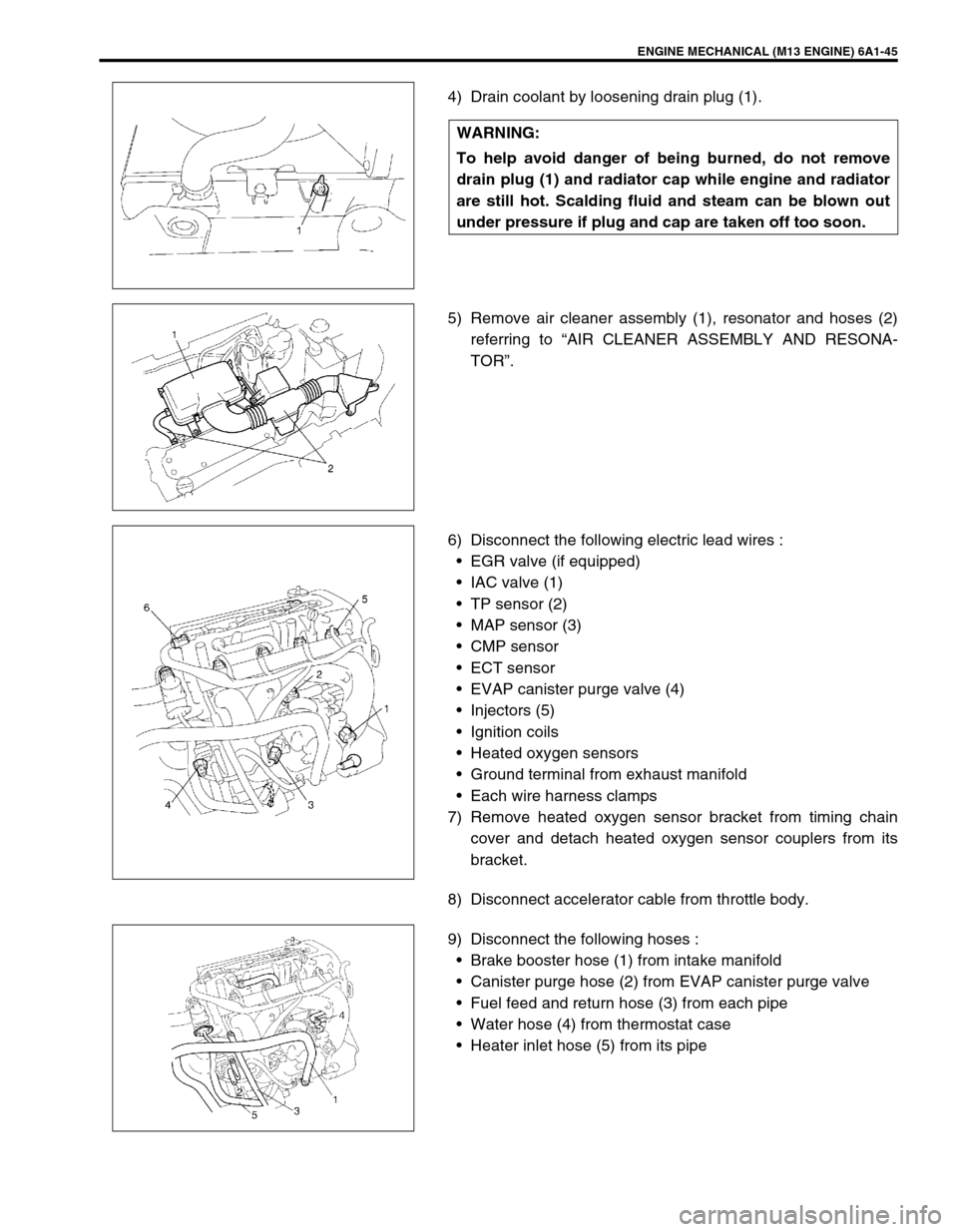 SUZUKI SWIFT 2000 1.G RG413 Service Workshop Manual ENGINE MECHANICAL (M13 ENGINE) 6A1-45
4) Drain coolant by loosening drain plug (1).
5) Remove air cleaner assembly (1), resonator and hoses (2)
referring to “AIR CLEANER ASSEMBLY AND RESONA-
TOR”.