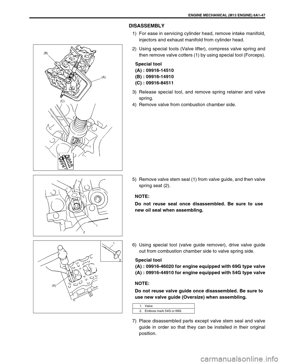 SUZUKI SWIFT 2000 1.G RG413 Service Owners Guide ENGINE MECHANICAL (M13 ENGINE) 6A1-47
DISASSEMBLY
1) For ease in servicing cylinder head, remove intake manifold,
injectors and exhaust manifold from cylinder head.
2) Using special tools (Valve lifte