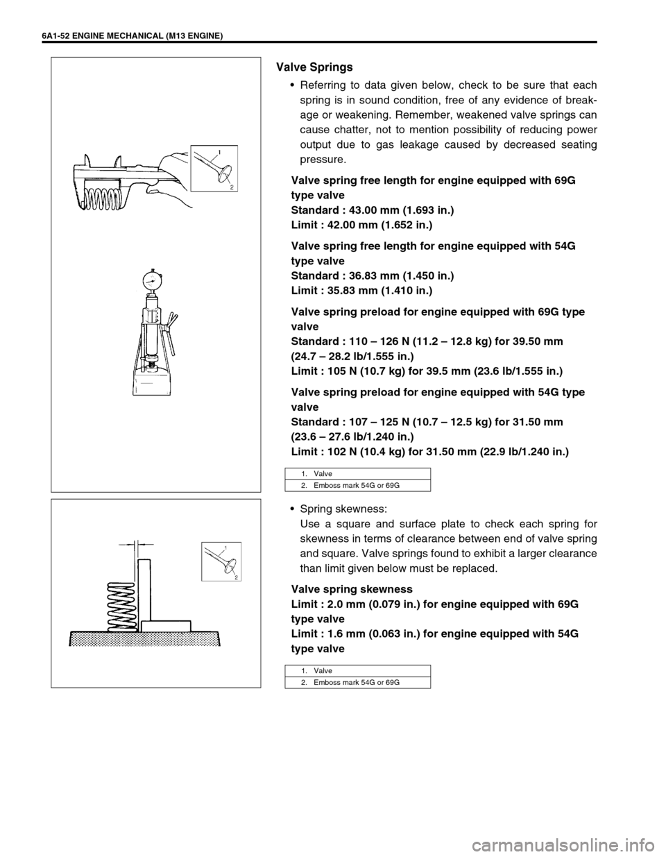 SUZUKI SWIFT 2000 1.G RG413 Service Workshop Manual 6A1-52 ENGINE MECHANICAL (M13 ENGINE)
Valve Springs
Referring to data given below, check to be sure that each
spring is in sound condition, free of any evidence of break-
age or weakening. Remember, SUZUKI SWIFT 2000 1.G RG413 Service Workshop Manual 6A1-52 ENGINE MECHANICAL (M13 ENGINE)
Valve Springs
Referring to data given below, check to be sure that each
spring is in sound condition, free of any evidence of break-
age or weakening. Remember,