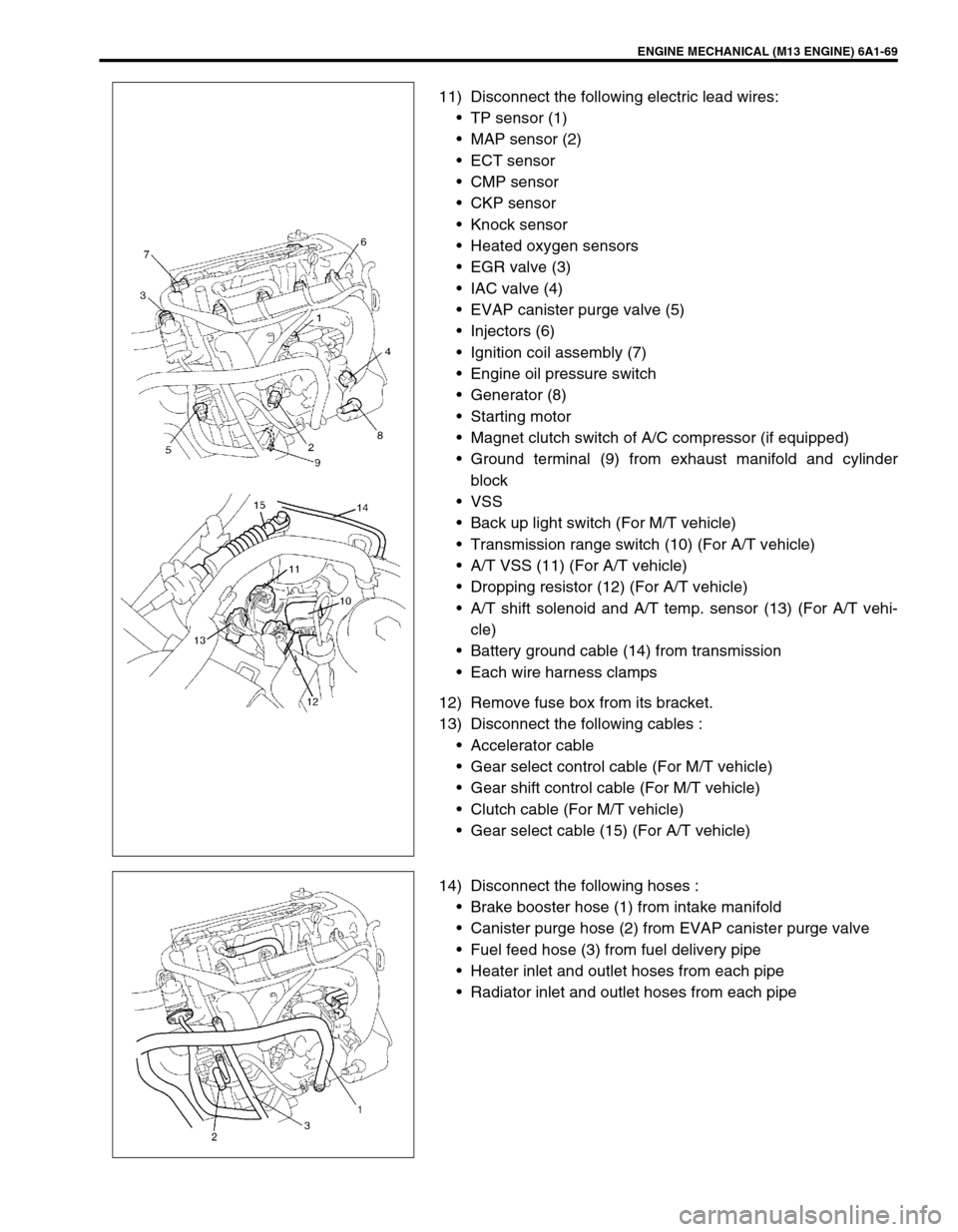 SUZUKI SWIFT 2000 1.G RG413 Service Workshop Manual ENGINE MECHANICAL (M13 ENGINE) 6A1-69
11) Disconnect the following electric lead wires:
TP sensor (1)
MAP sensor (2)
ECT sensor
CMP sensor
CKP sensor
Knock sensor
Heated oxygen sensors
EGR val