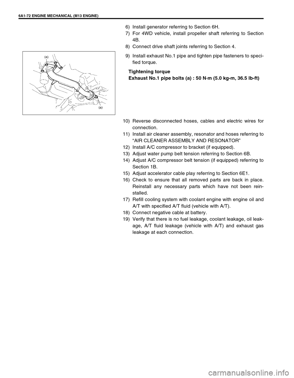 SUZUKI SWIFT 2000 1.G RG413 Service Service Manual 6A1-72 ENGINE MECHANICAL (M13 ENGINE)
6) Install generator referring to Section 6H.
7) For 4WD vehicle, install propeller shaft referring to Section
4B.
8) Connect drive shaft joints referring to Sect