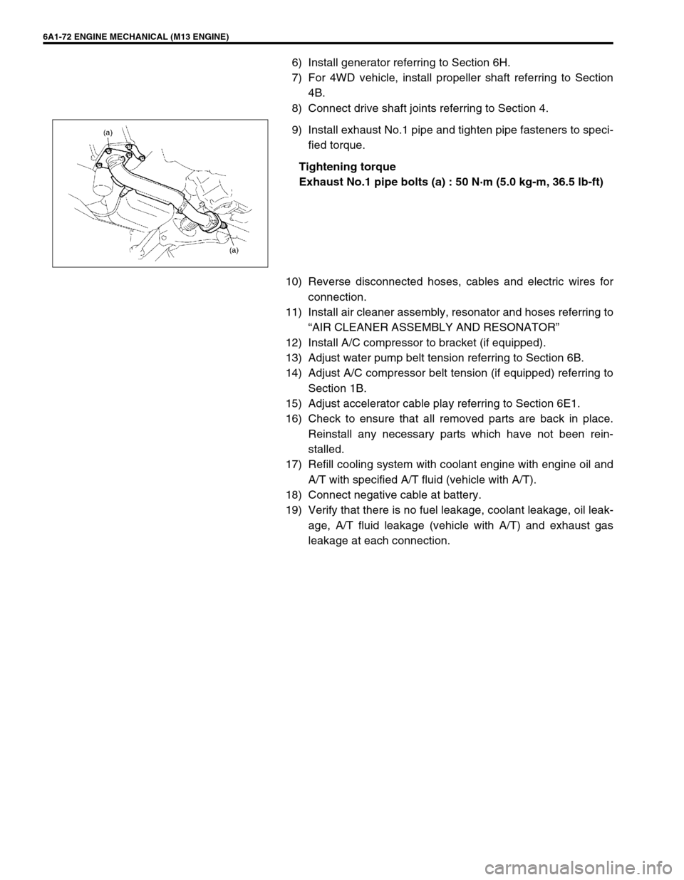 SUZUKI SWIFT 2000 1.G RG413 Service Owners Guide 6A1-72 ENGINE MECHANICAL (M13 ENGINE)
6) Install generator referring to Section 6H.
7) For 4WD vehicle, install propeller shaft referring to Section
4B.
8) Connect drive shaft joints referring to Sect SUZUKI SWIFT 2000 1.G RG413 Service Owners Guide 6A1-72 ENGINE MECHANICAL (M13 ENGINE)
6) Install generator referring to Section 6H.
7) For 4WD vehicle, install propeller shaft referring to Section
4B.
8) Connect drive shaft joints referring to Sect