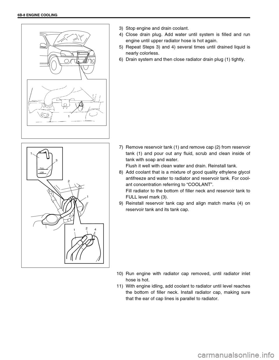SUZUKI SWIFT 2000 1.G RG413 Service Service Manual 6B-8 ENGINE COOLING
3) Stop engine and drain coolant.
4) Close drain plug. Add water until system is filled and run
engine until upper radiator hose is hot again.
5) Repeat Steps 3) and 4) several tim