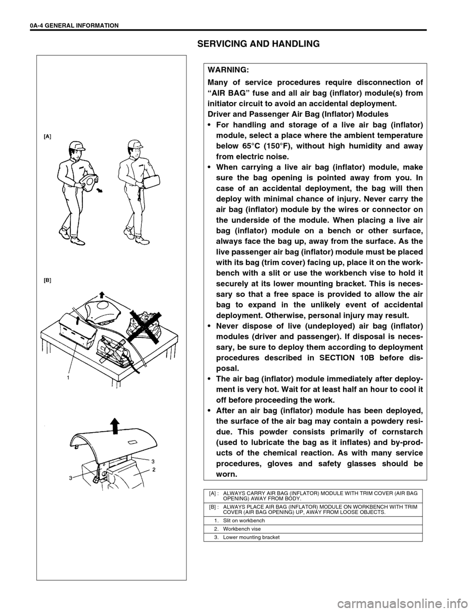 SUZUKI SWIFT 2000 1.G RG413 Service Workshop Manual 0A-4 GENERAL INFORMATION
SERVICING AND HANDLING
WARNING:
Many of service procedures require disconnection of
“AIR BAG” fuse and all air bag (inflator) module(s) from
initiator circuit to avoid an 