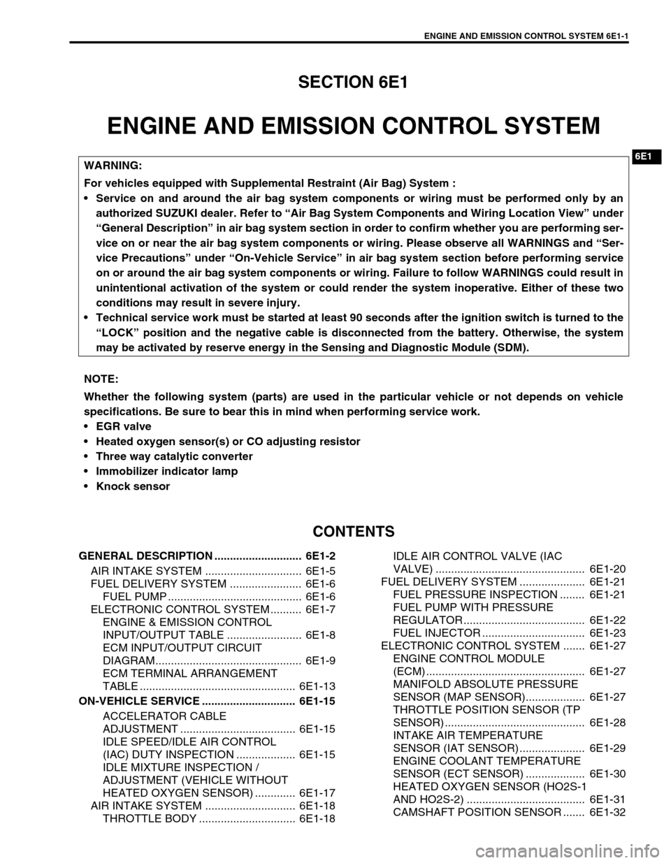 SUZUKI SWIFT 2000 1.G RG413 Service Workshop Manual ENGINE AND EMISSION CONTROL SYSTEM 6E1-1
6F1
6F2
6G
6H
6E1
7A
7A1
7B1
7C1
7D
7E
7F
8A
8B
8C
8D
8E
9
10
10A
10B
SECTION 6E1
ENGINE AND EMISSION CONTROL SYSTEM
CONTENTS
GENERAL DESCRIPTION ............. SUZUKI SWIFT 2000 1.G RG413 Service Workshop Manual ENGINE AND EMISSION CONTROL SYSTEM 6E1-1
6F1
6F2
6G
6H
6E1
7A
7A1
7B1
7C1
7D
7E
7F
8A
8B
8C
8D
8E
9
10
10A
10B
SECTION 6E1
ENGINE AND EMISSION CONTROL SYSTEM
CONTENTS
GENERAL DESCRIPTION .............