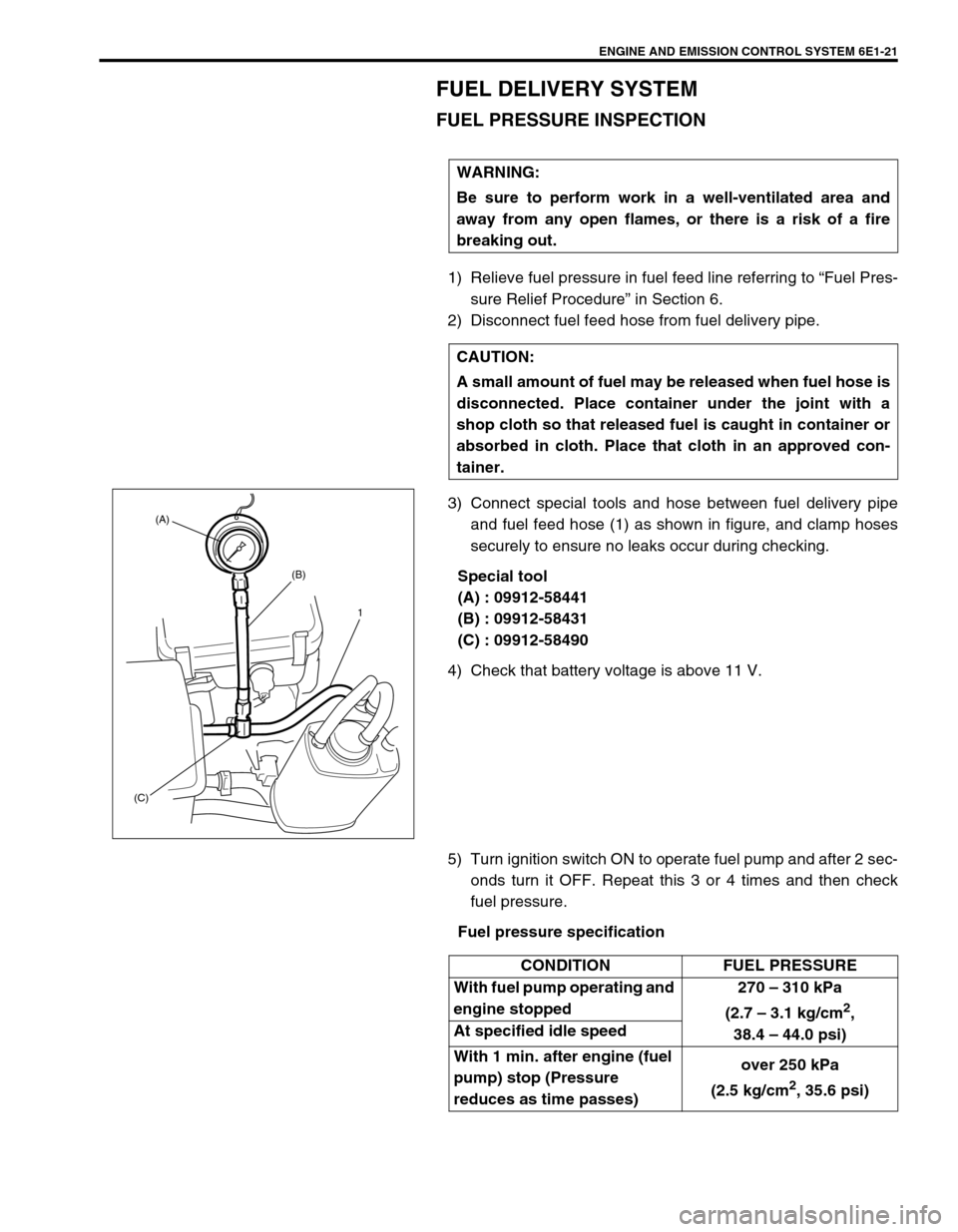 SUZUKI SWIFT 2000 1.G RG413 Service Workshop Manual ENGINE AND EMISSION CONTROL SYSTEM 6E1-21
FUEL DELIVERY SYSTEM
FUEL PRESSURE INSPECTION
1) Relieve fuel pressure in fuel feed line referring to “Fuel Pres-
sure Relief Procedure” in Section 6.
2) SUZUKI SWIFT 2000 1.G RG413 Service Workshop Manual ENGINE AND EMISSION CONTROL SYSTEM 6E1-21
FUEL DELIVERY SYSTEM
FUEL PRESSURE INSPECTION
1) Relieve fuel pressure in fuel feed line referring to “Fuel Pres-
sure Relief Procedure” in Section 6.
2)