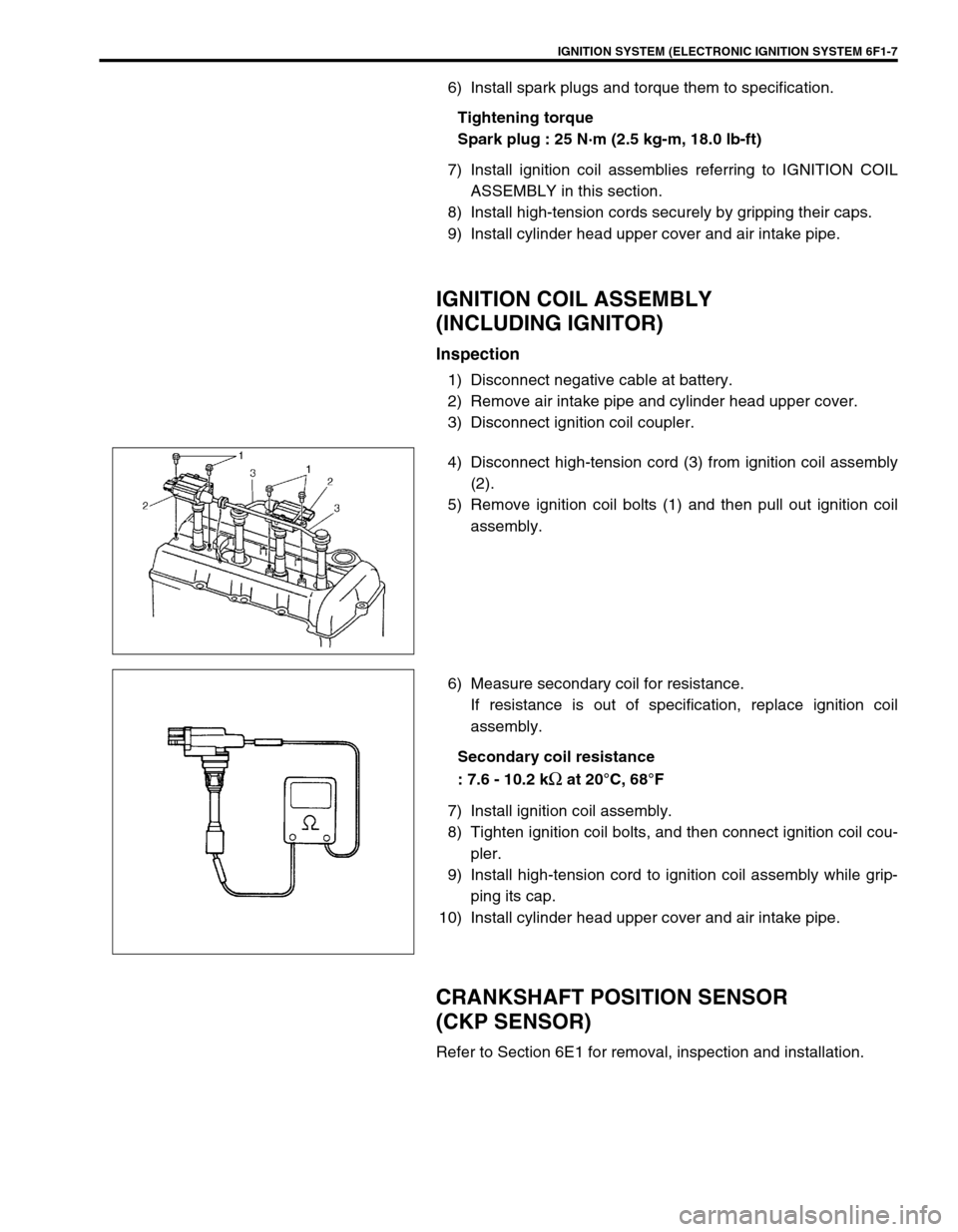 SUZUKI SWIFT 2000 1.G RG413 Service Manual PDF IGNITION SYSTEM (ELECTRONIC IGNITION SYSTEM 6F1-7
6) Install spark plugs and torque them to specification.
Tightening torque
Spark plug : 25 N·m (2.5 kg-m, 18.0 lb-ft)
7) Install ignition coil assemb
