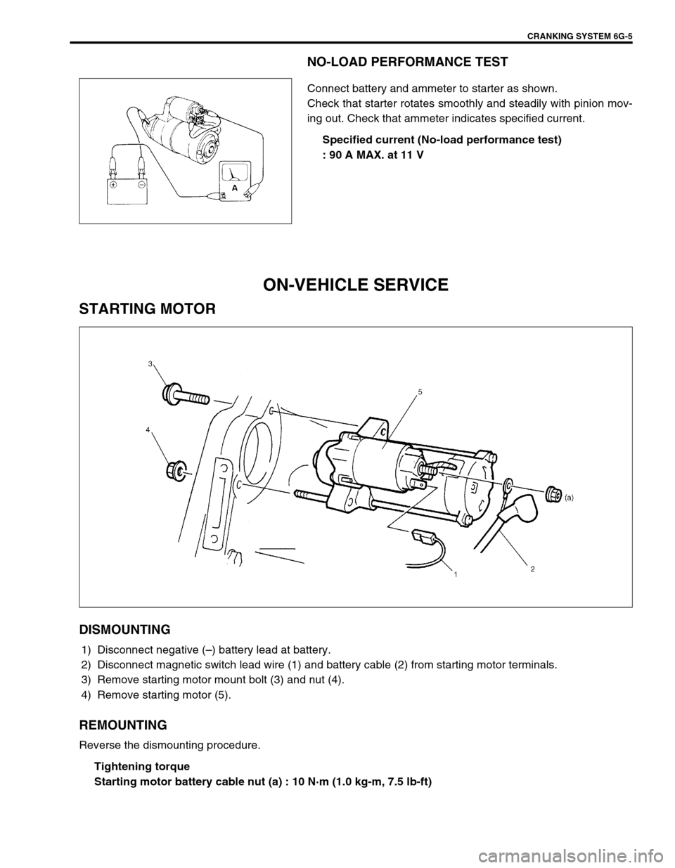 SUZUKI SWIFT 2000 1.G RG413 Service Workshop Manual CRANKING SYSTEM 6G-5
NO-LOAD PERFORMANCE TEST
Connect battery and ammeter to starter as shown.
Check that starter rotates smoothly and steadily with pinion mov-
ing out. Check that ammeter indicates s SUZUKI SWIFT 2000 1.G RG413 Service Workshop Manual CRANKING SYSTEM 6G-5
NO-LOAD PERFORMANCE TEST
Connect battery and ammeter to starter as shown.
Check that starter rotates smoothly and steadily with pinion mov-
ing out. Check that ammeter indicates s