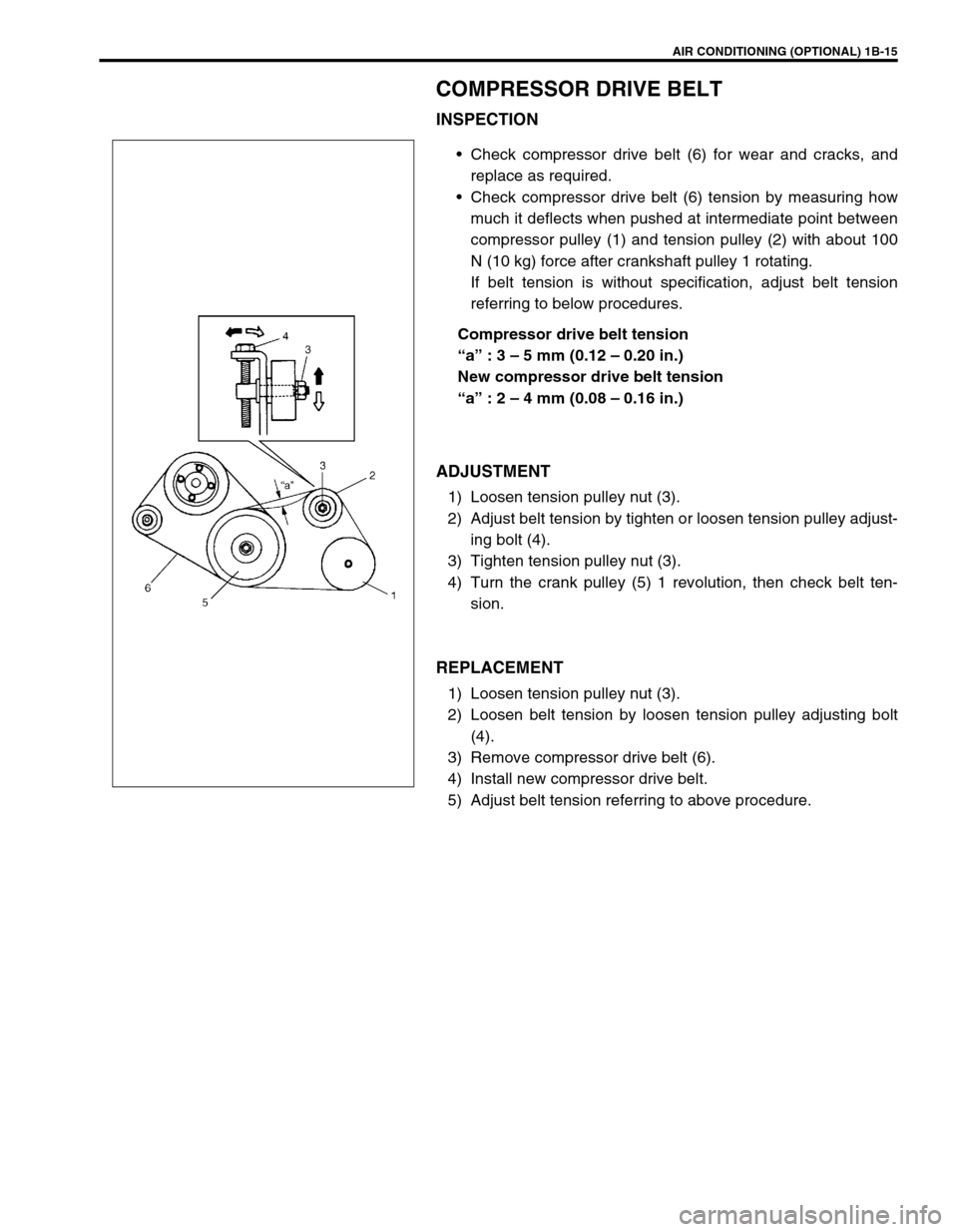SUZUKI SWIFT 2000 1.G RG413 Service Owners Manual AIR CONDITIONING (OPTIONAL) 1B-15
COMPRESSOR DRIVE BELT
INSPECTION
Check compressor drive belt (6) for wear and cracks, and
replace as required.
Check compressor drive belt (6) tension by measuring SUZUKI SWIFT 2000 1.G RG413 Service Owners Manual AIR CONDITIONING (OPTIONAL) 1B-15
COMPRESSOR DRIVE BELT
INSPECTION
Check compressor drive belt (6) for wear and cracks, and
replace as required.
Check compressor drive belt (6) tension by measuring