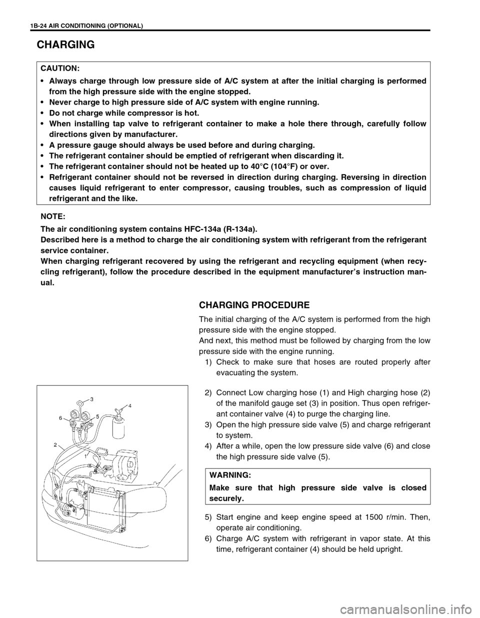 SUZUKI SWIFT 2000 1.G RG413 Service Workshop Manual 1B-24 AIR CONDITIONING (OPTIONAL)
CHARGING
CHARGING PROCEDURE
The initial charging of the A/C system is performed from the high
pressure side with the engine stopped.
And next, this method must be fol