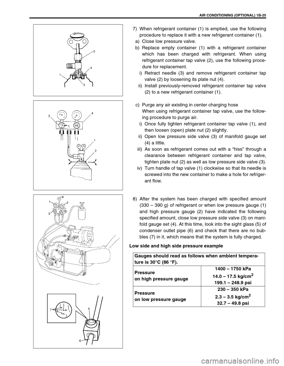 SUZUKI SWIFT 2000 1.G RG413 Service Workshop Manual AIR CONDITIONING (OPTIONAL) 1B-25
7) When refrigerant container (1) is emptied, use the following
procedure to replace it with a new refrigerant container (1).
a) Close low pressure valve.
b) Replace 