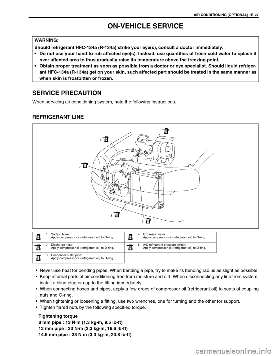SUZUKI SWIFT 2000 1.G RG413 Service Workshop Manual AIR CONDITIONING (OPTIONAL) 1B-27
ON-VEHICLE SERVICE
SERVICE PRECAUTION
When servicing air conditioning system, note the following instructions.
REFRIGERANT LINE
Never use heat for bending pipes. Whe