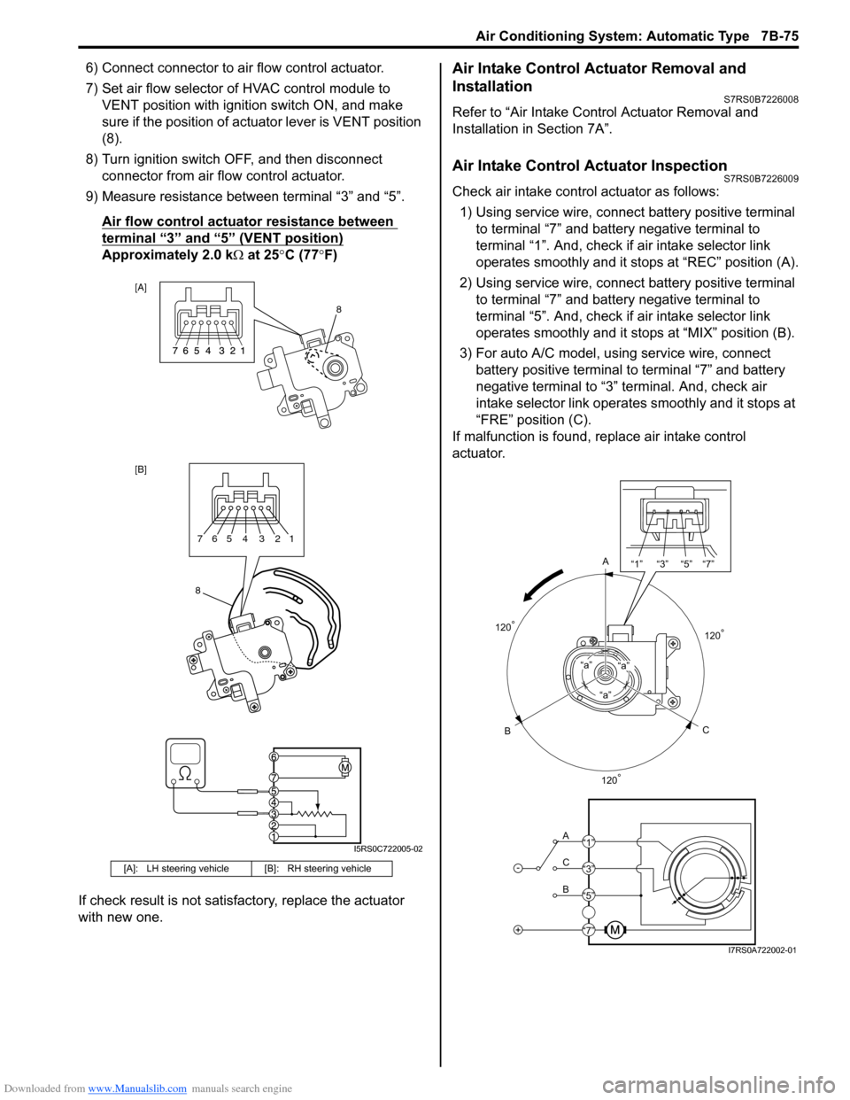 SUZUKI SWIFT 2007 2.G Service Manual Online Downloaded from www.Manualslib.com manuals search engine Air Conditioning System: Automatic Type 7B-75
6) Connect connector to air flow control actuator.
7) Set air flow selector of HVAC control modul