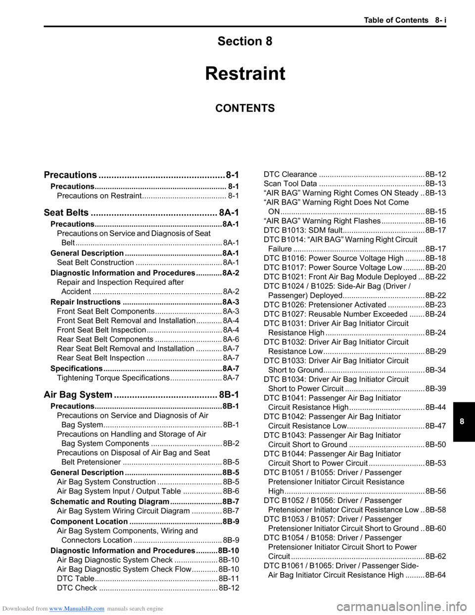 SUZUKI SWIFT 2007 2.G Service Service Manual Downloaded from www.Manualslib.com manuals search engine Table of Contents 8- i
8
Section 8
CONTENTS
Restraint
Precautions ................................................. 8-1
Precautions............