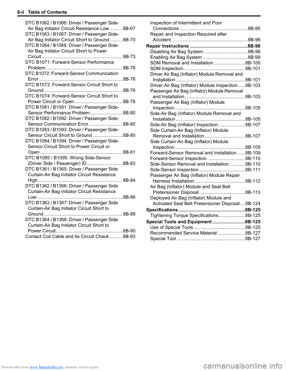 SUZUKI SWIFT 2008 2.G Service Owners Manual Downloaded from www.Manualslib.com manuals search engine 8-ii Table of Contents
DTC B1062 / B1066: Driver / Passenger Side-Air Bag Initiator Circuit  Resistance Low .......... 8B-67
DTC B1063 / B1067: