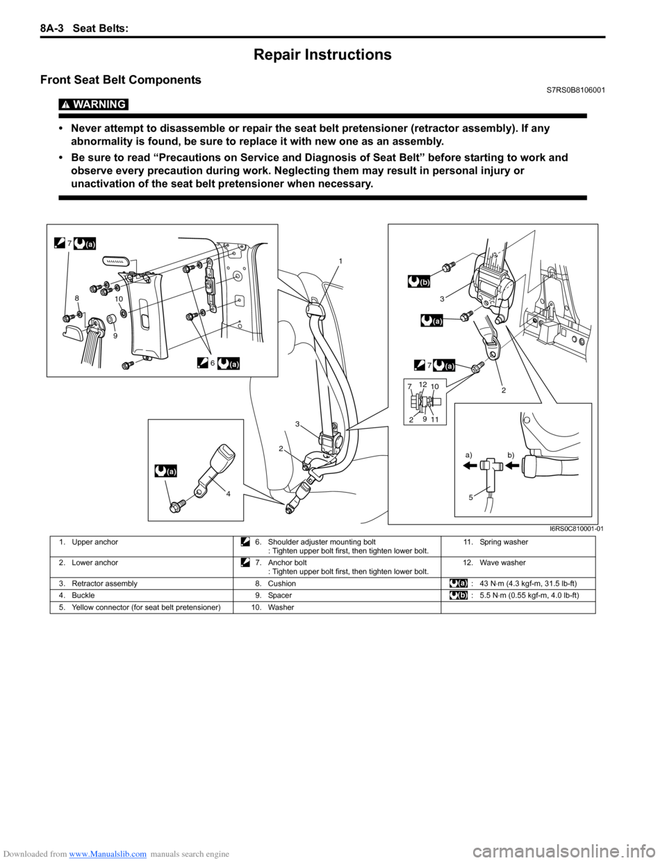 SUZUKI SWIFT 2006 2.G Service Workshop Manual Downloaded from www.Manualslib.com manuals search engine 8A-3 Seat Belts: 
Repair Instructions
Front Seat Belt ComponentsS7RS0B8106001
WARNING! 
• Never attempt to disassemble or repair the seat bel
