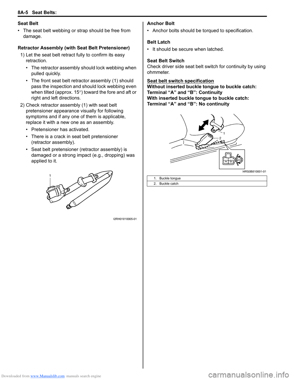 SUZUKI SWIFT 2007 2.G Service Repair Manual Downloaded from www.Manualslib.com manuals search engine 8A-5 Seat Belts: 
Seat Belt
• The seat belt webbing or strap should be free from damage.
Retractor Assembly (with Seat Belt Pretensioner) 1) 