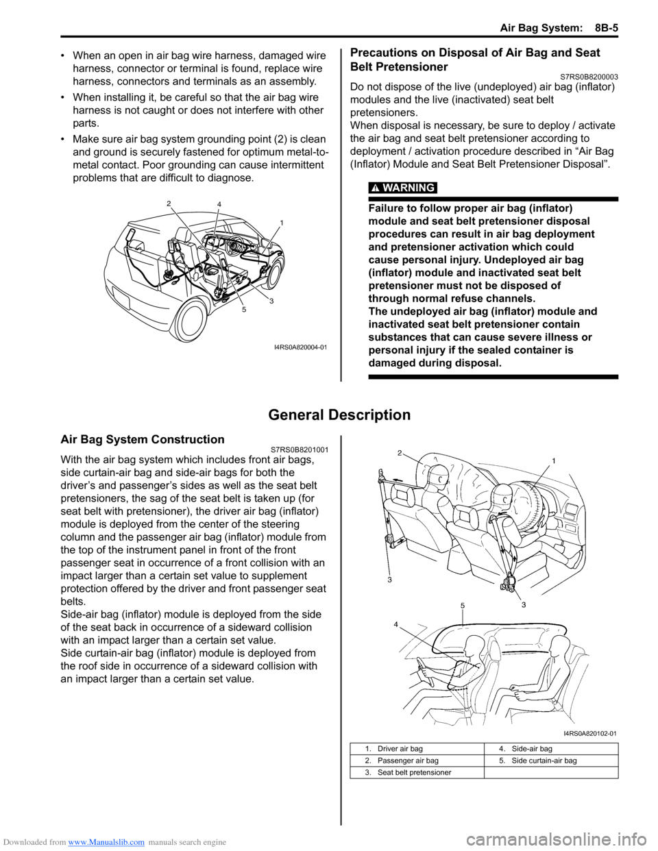 SUZUKI SWIFT 2005 2.G Service Workshop Manual Downloaded from www.Manualslib.com manuals search engine Air Bag System:  8B-5
• When an open in air bag wire harness, damaged wire harness, connector or terminal is found, replace wire 
harness, co
