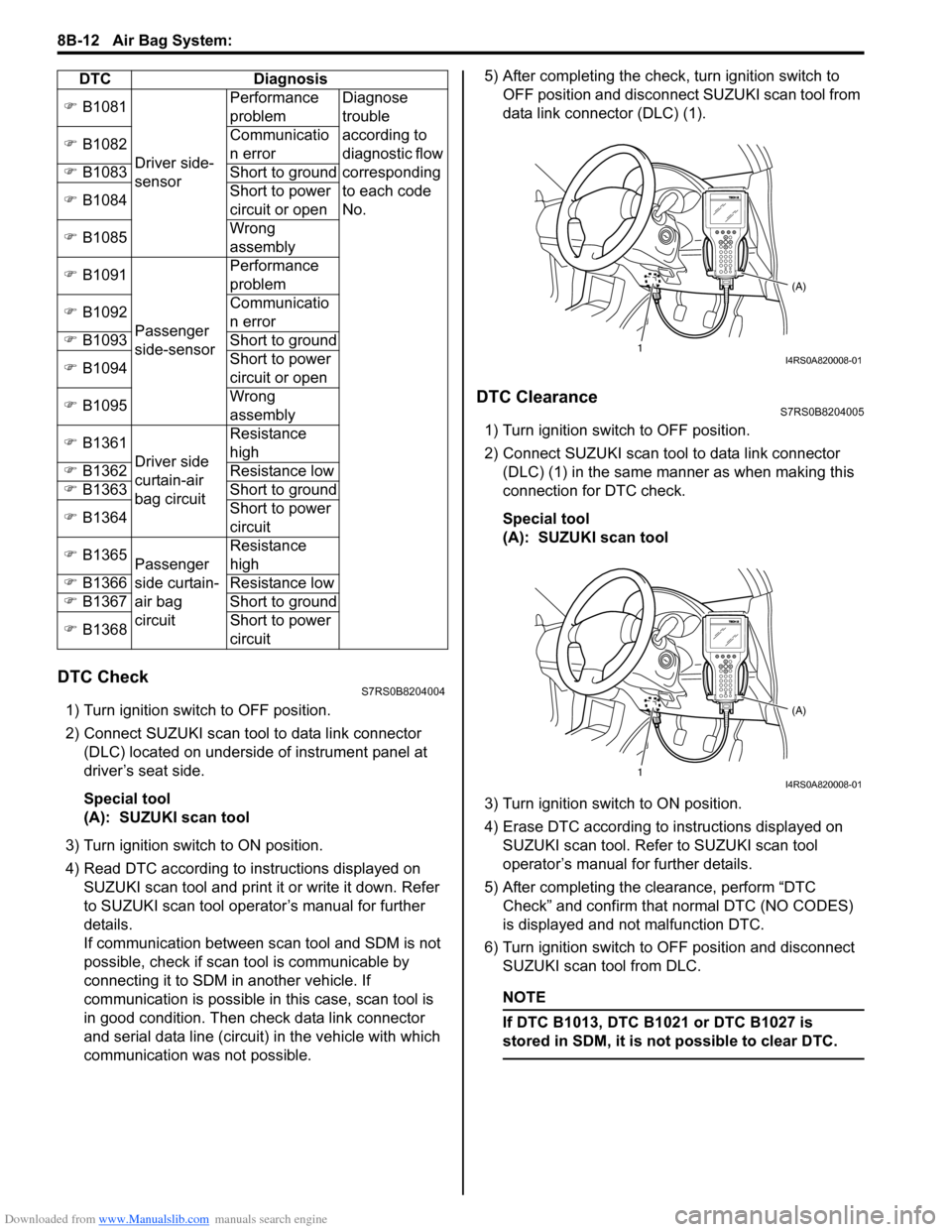 SUZUKI SWIFT 2007 2.G Service Workshop Manual Downloaded from www.Manualslib.com manuals search engine 8B-12 Air Bag System: 
DTC CheckS7RS0B8204004
1) Turn ignition switch to OFF position.
2) Connect SUZUKI scan tool to data link connector (DLC)