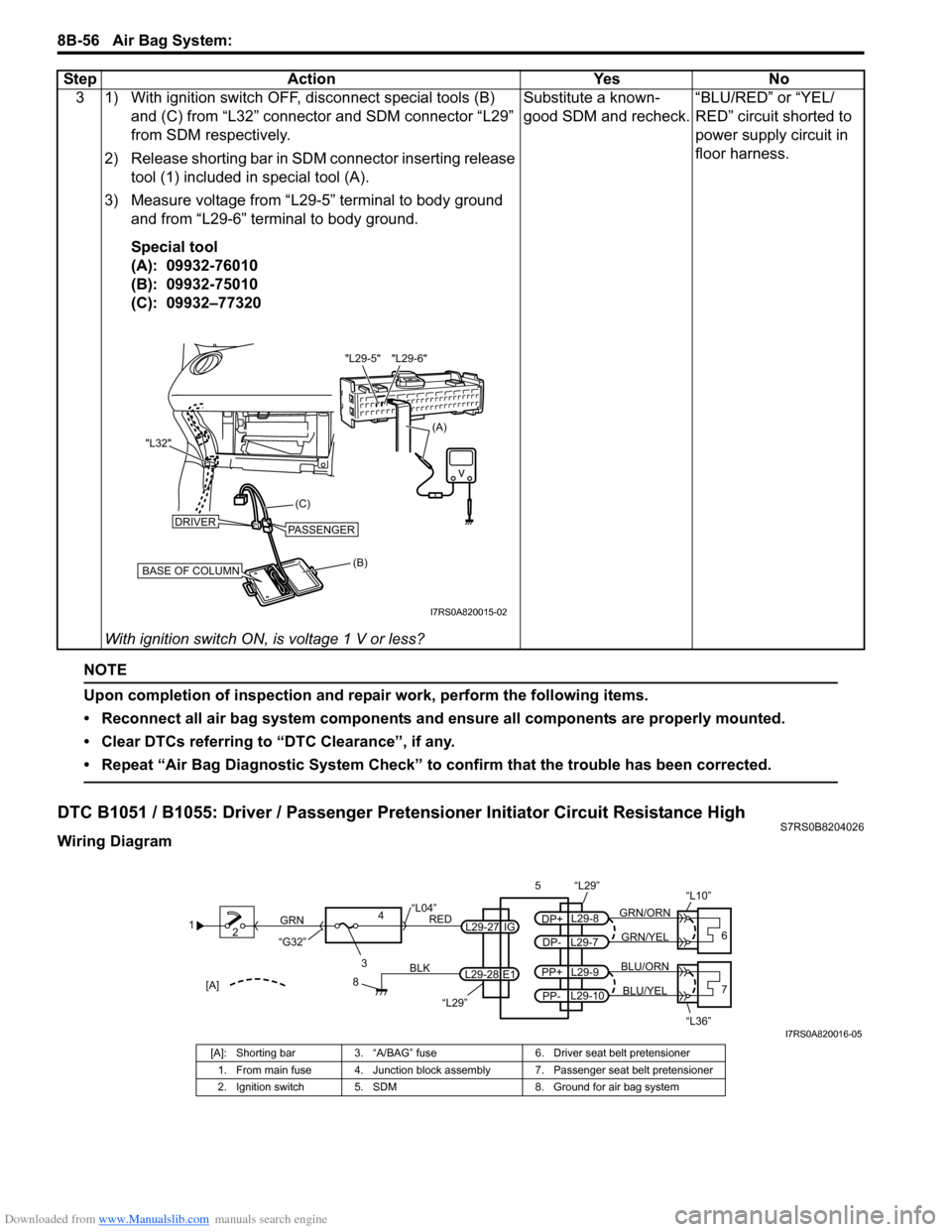 SUZUKI SWIFT 2007 2.G Service Workshop Manual Downloaded from www.Manualslib.com manuals search engine 8B-56 Air Bag System: 
NOTE
Upon completion of inspection and repair work, perform the following items.
• Reconnect all air bag system compon